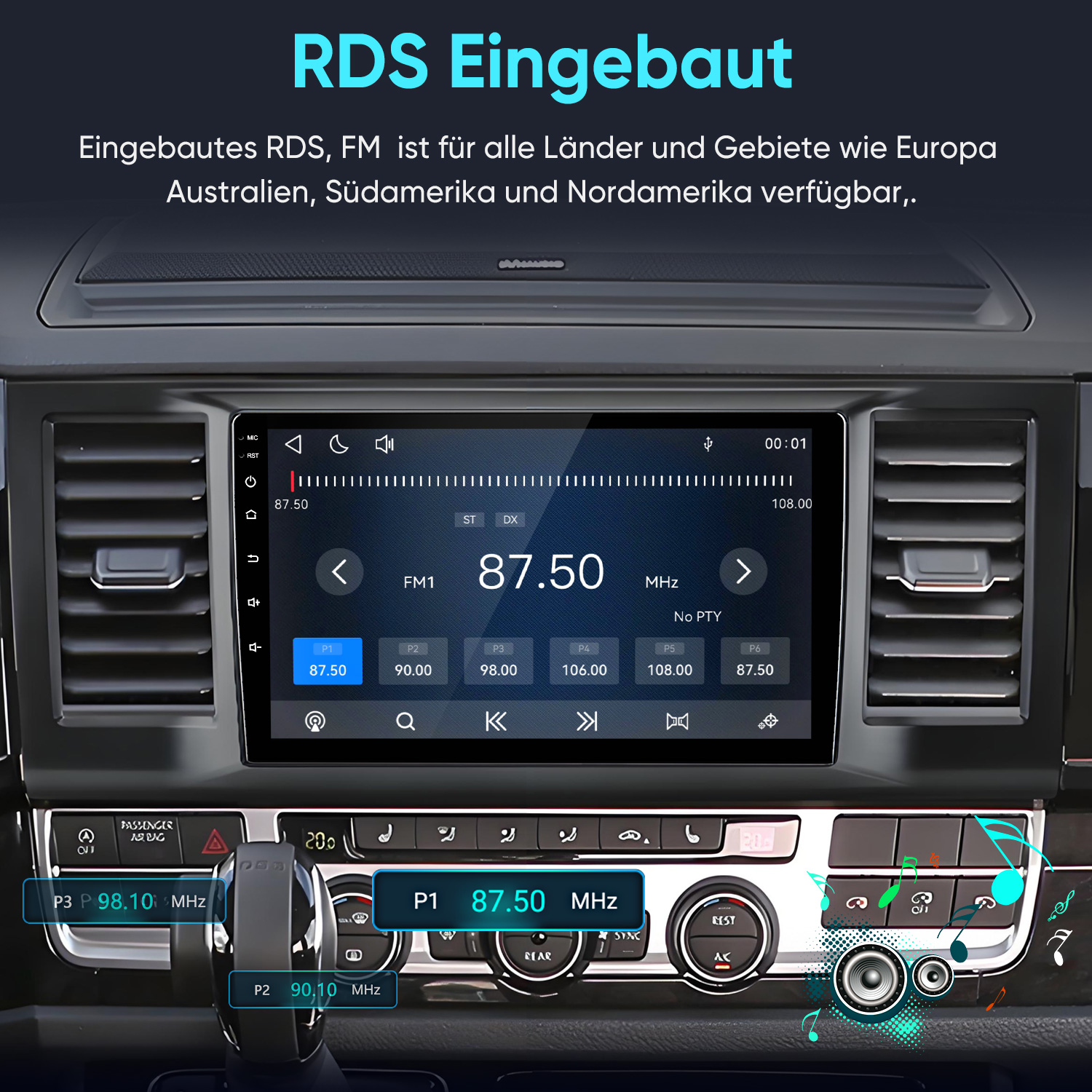 Ein Car-Audio-System im Armaturenbrett mit RDS-Funktion und digitalen Bedienelementen.