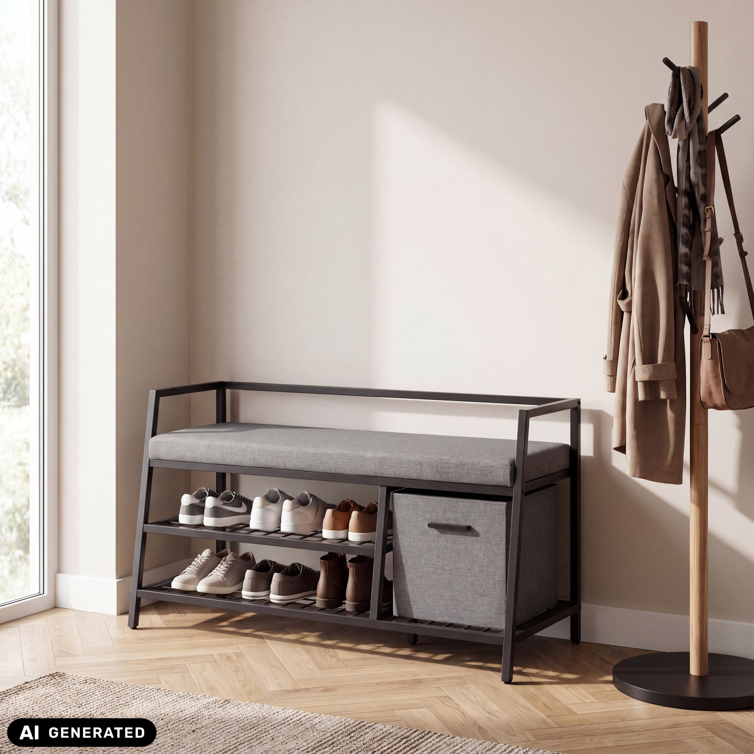 Eine Schuhbank mit grauem Sitzkissen und Regalen voller Schuhe steht neben einer Kleiderstange mit Mantel und Tasche.