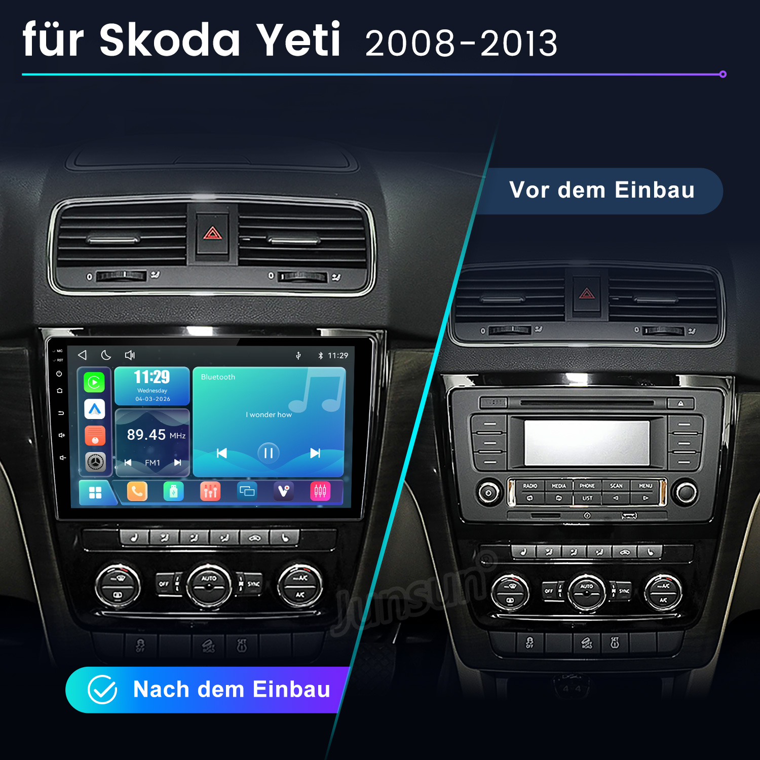 Vergleich der Skoda Yeti Mittelkonsole vor und nach dem Einbau eines Touchscreen-Radios.
