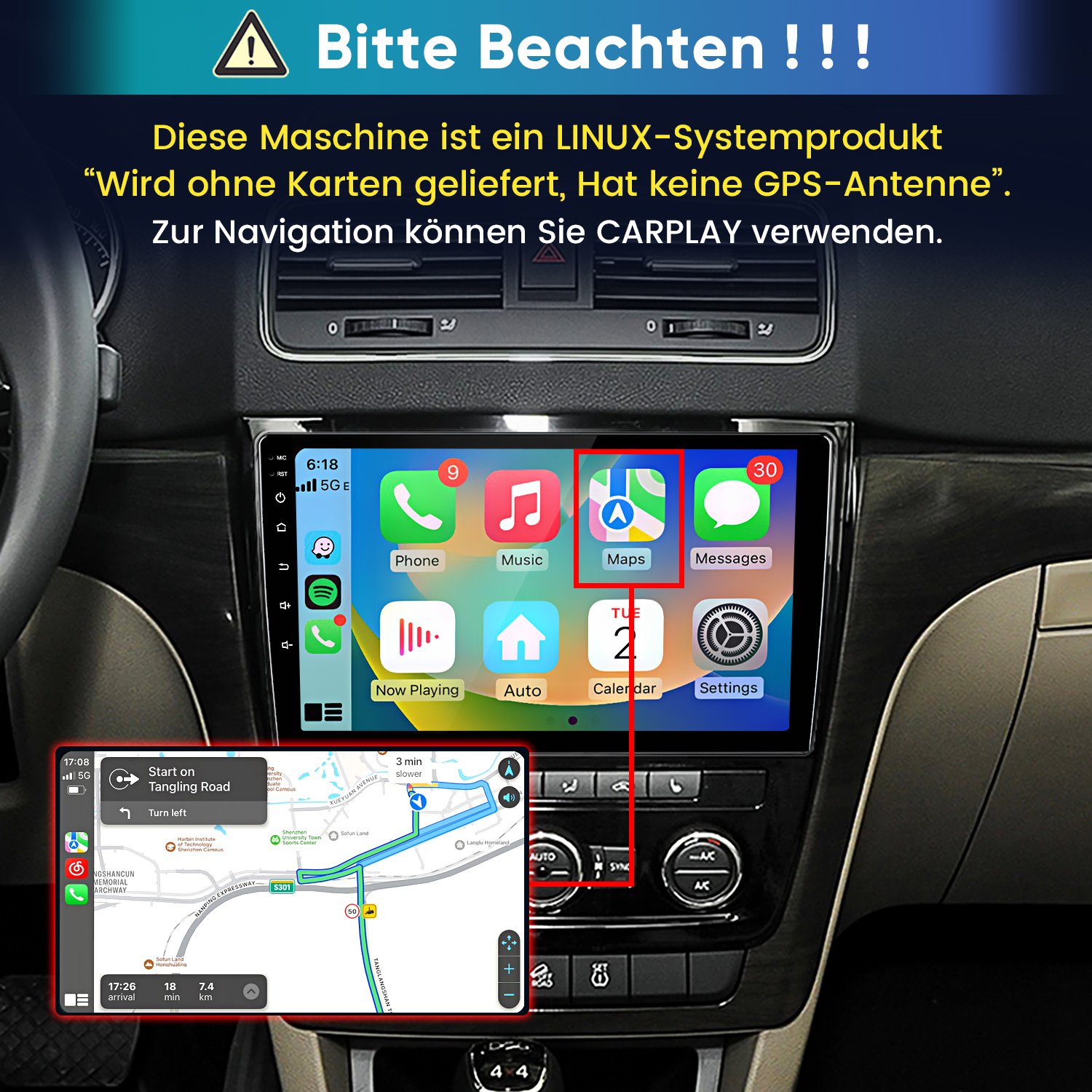 Autoinnenraum mit Carplay-Infotainment-Bildschirm, der App-Symbole und eine Kartenansicht zeigt.