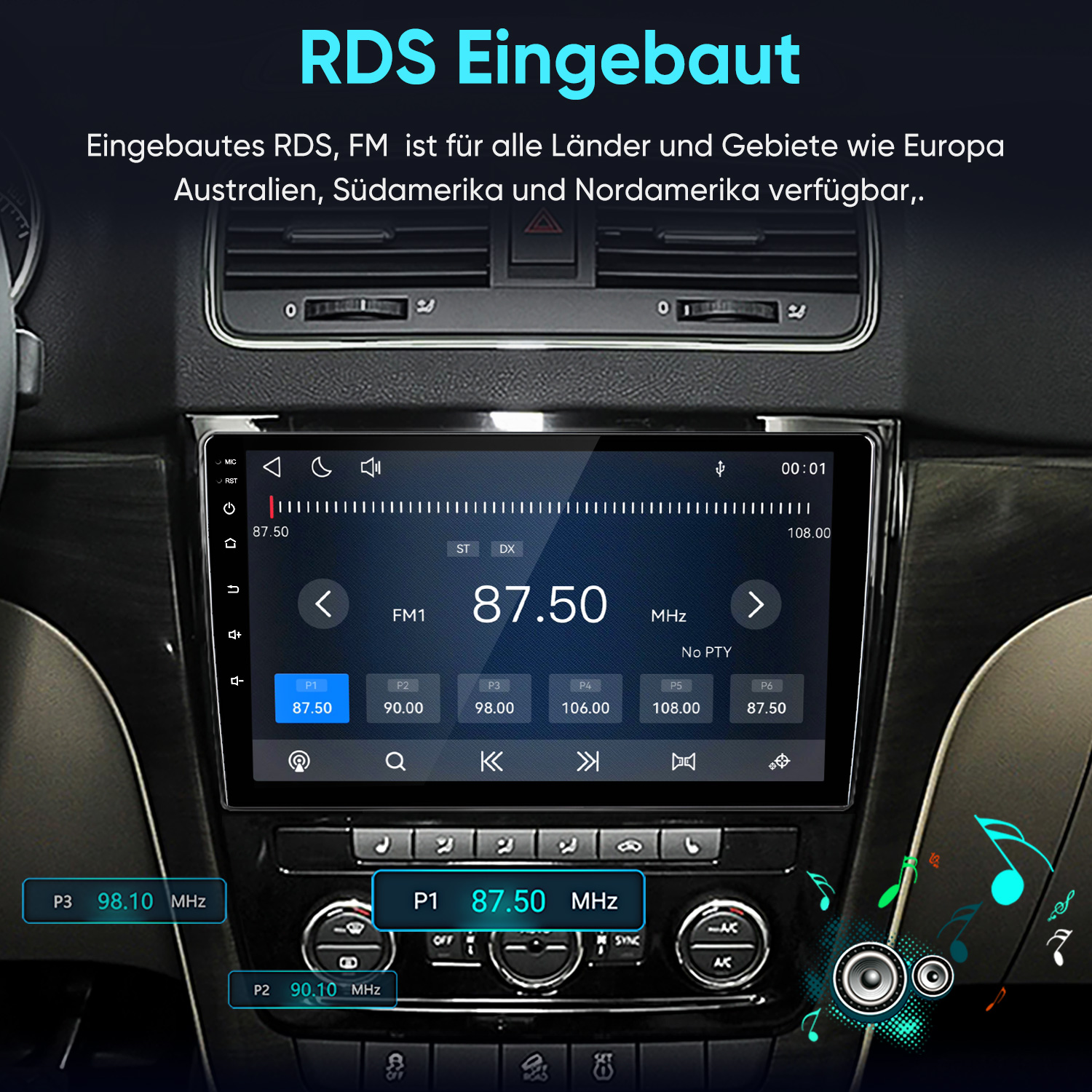 Autoradio mit Touchscreen und FM-RDS-Anzeige in einem Fahrzeug.