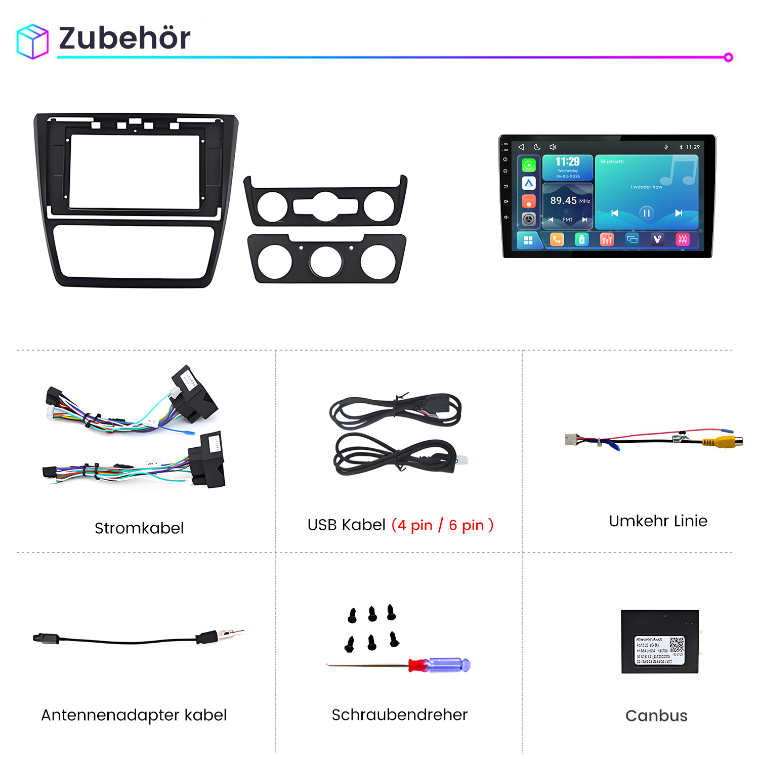 Auto-Zubehör-Set mit Display, Rahmen, Stromkabel, USB-Kabel, Antennenadapter, Schrauben und Canbus.