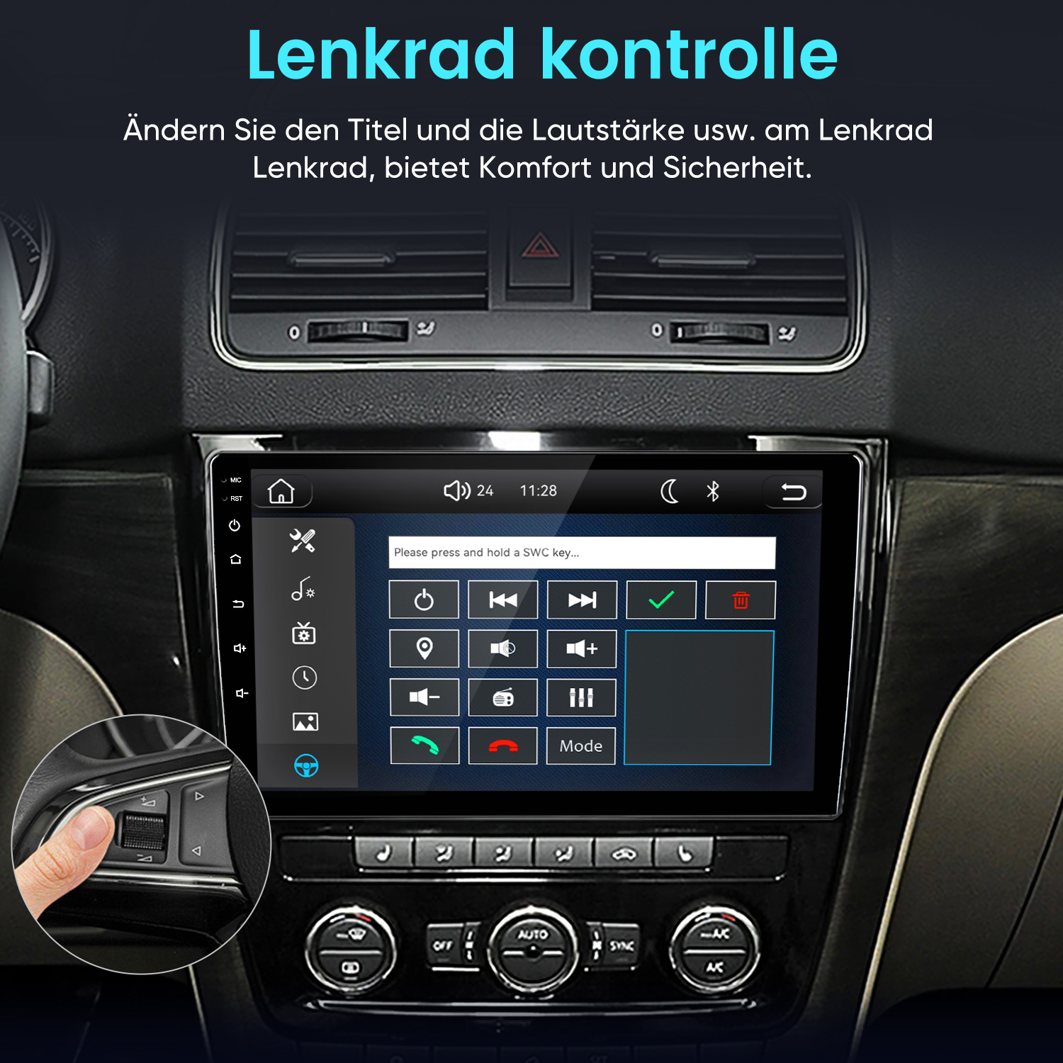 Autoinnenraum mit einem Infotainment-Bildschirm und einer Detailansicht der Lenkradsteuerung.