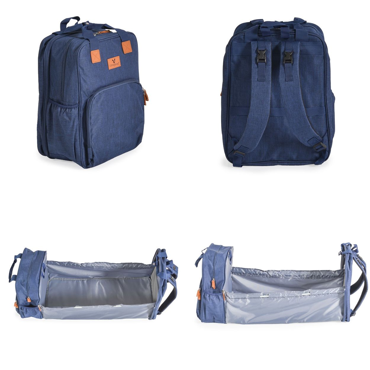 Ein blauer Rucksack, der sich in ein Reisebett verwandelt, gezeigt aus vier verschiedenen Perspektiven.