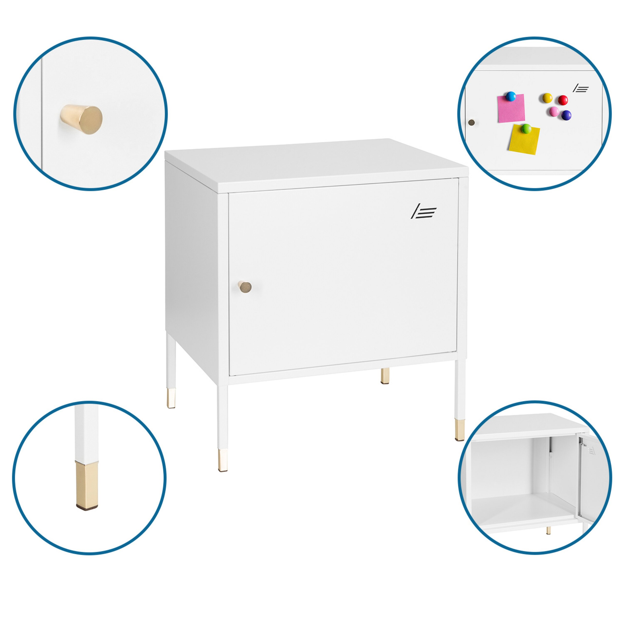 Kleiner weißer Metallschrank mit goldenen Akzenten, vier Detailansichten zeigen Griff, Beine, Magnete und Innenraum.