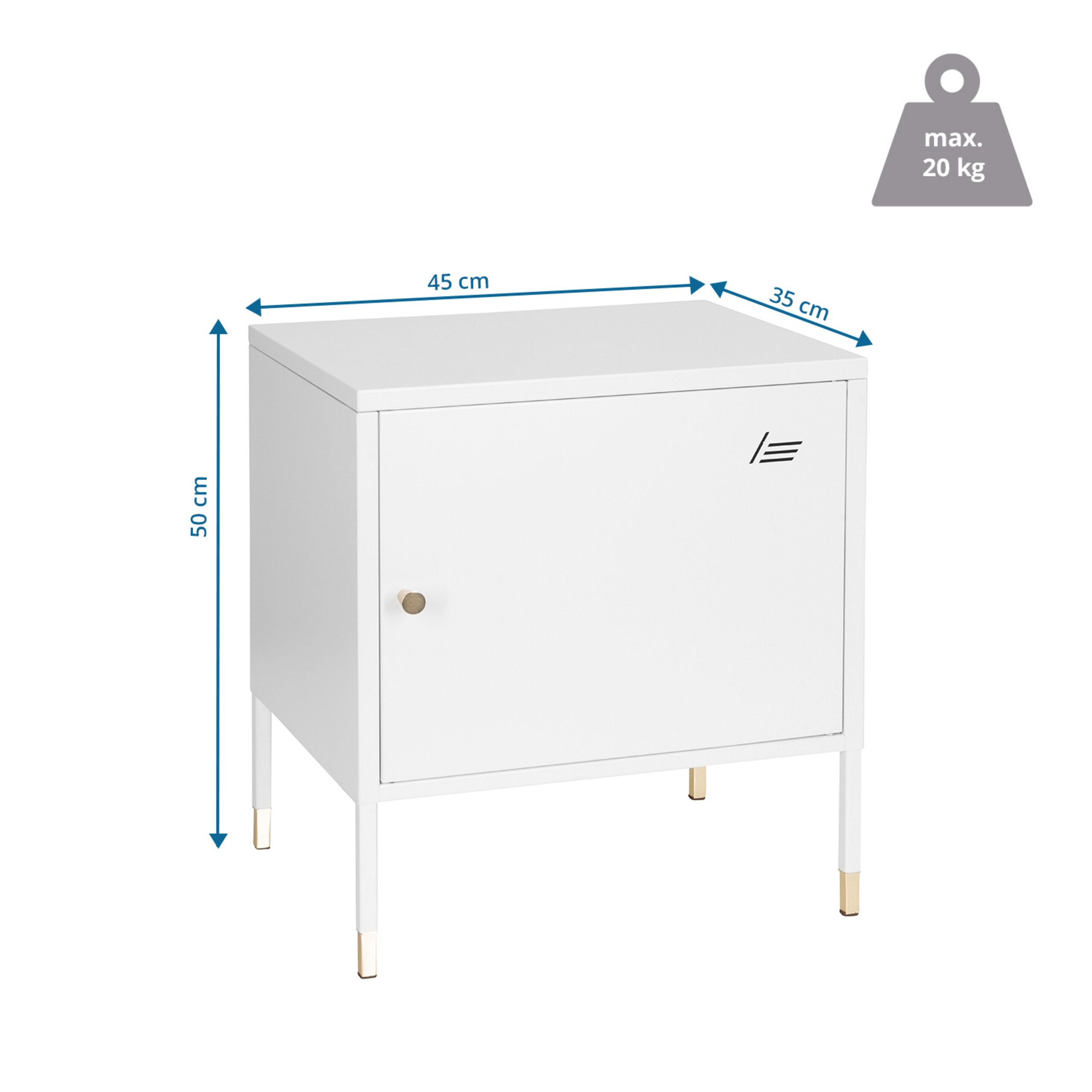 Weißer Schrank mit schmalen Beinen und Maßen 45x35x50 cm, max. Belastung 20 kg.
