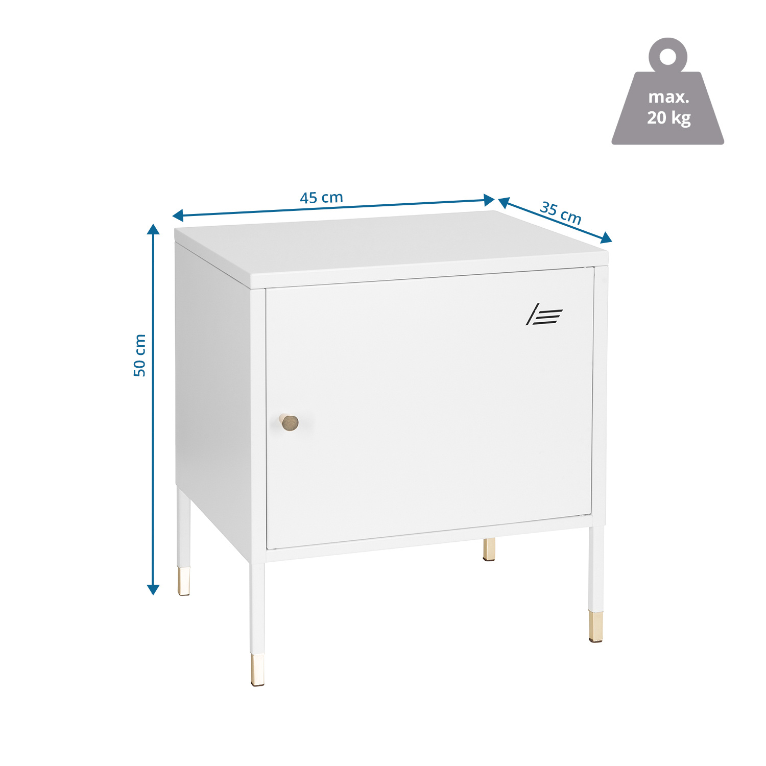 Weißer Nachttisch mit Maßen 45x35x50 cm, goldenen Beinen und einer maximalen Belastbarkeit von 20 kg.