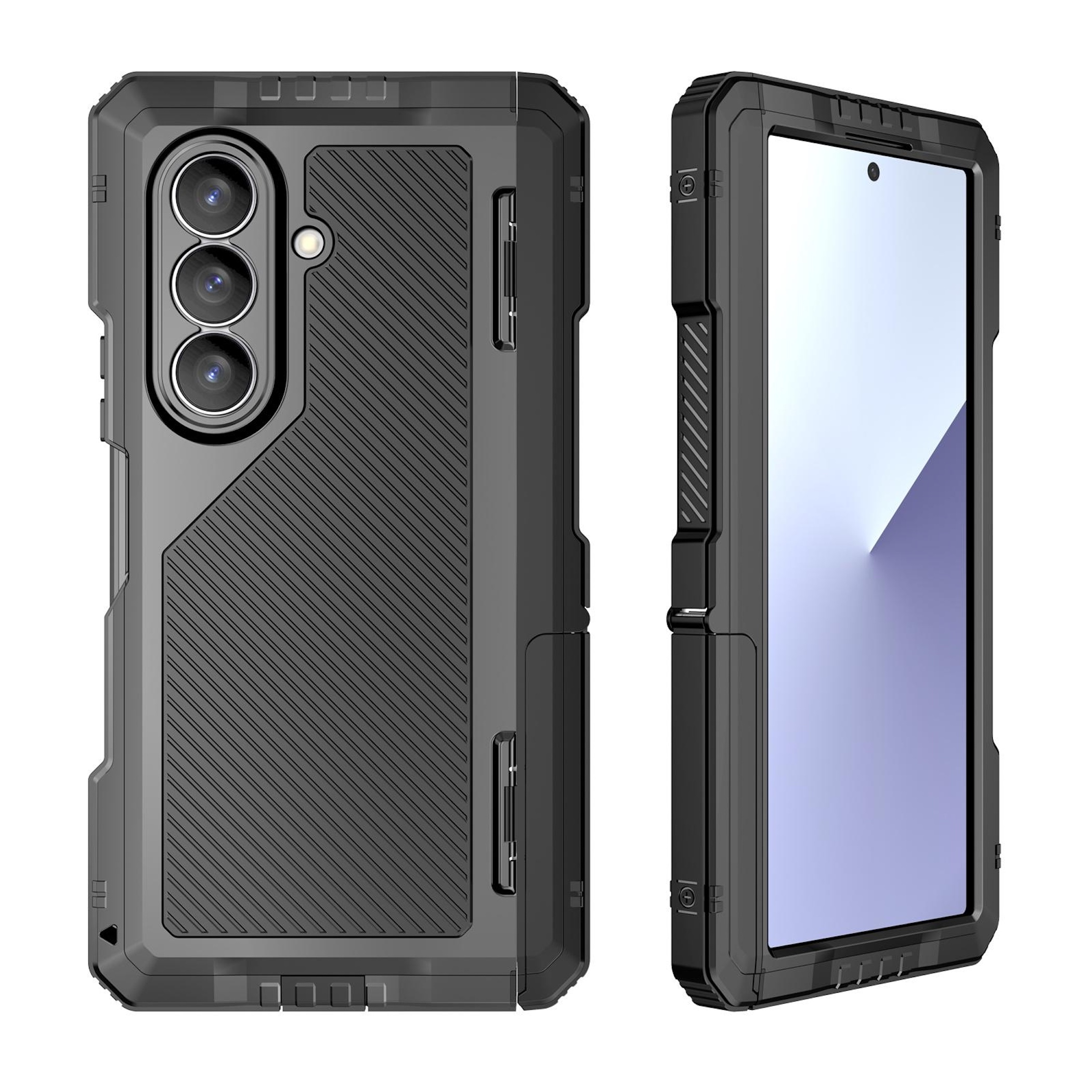 Robuste schwarze Smartphone-Hülle, Vorder- und Rückansicht mit Dreifachkamera.