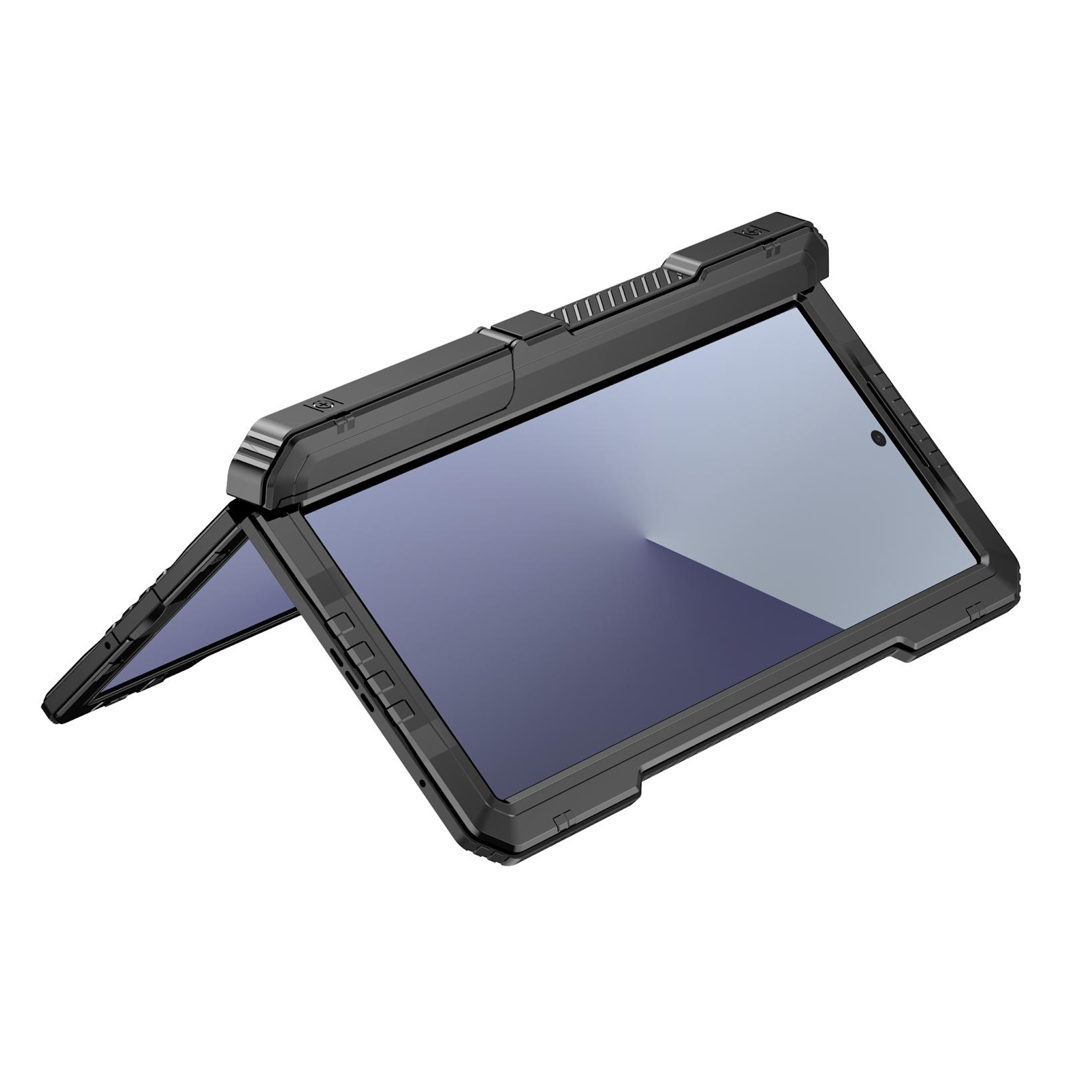 Ein schwarzes, robustes Schutzgehäuse für ein Tablet, das aufgeklappt vor weißem Hintergrund gezeigt wird.