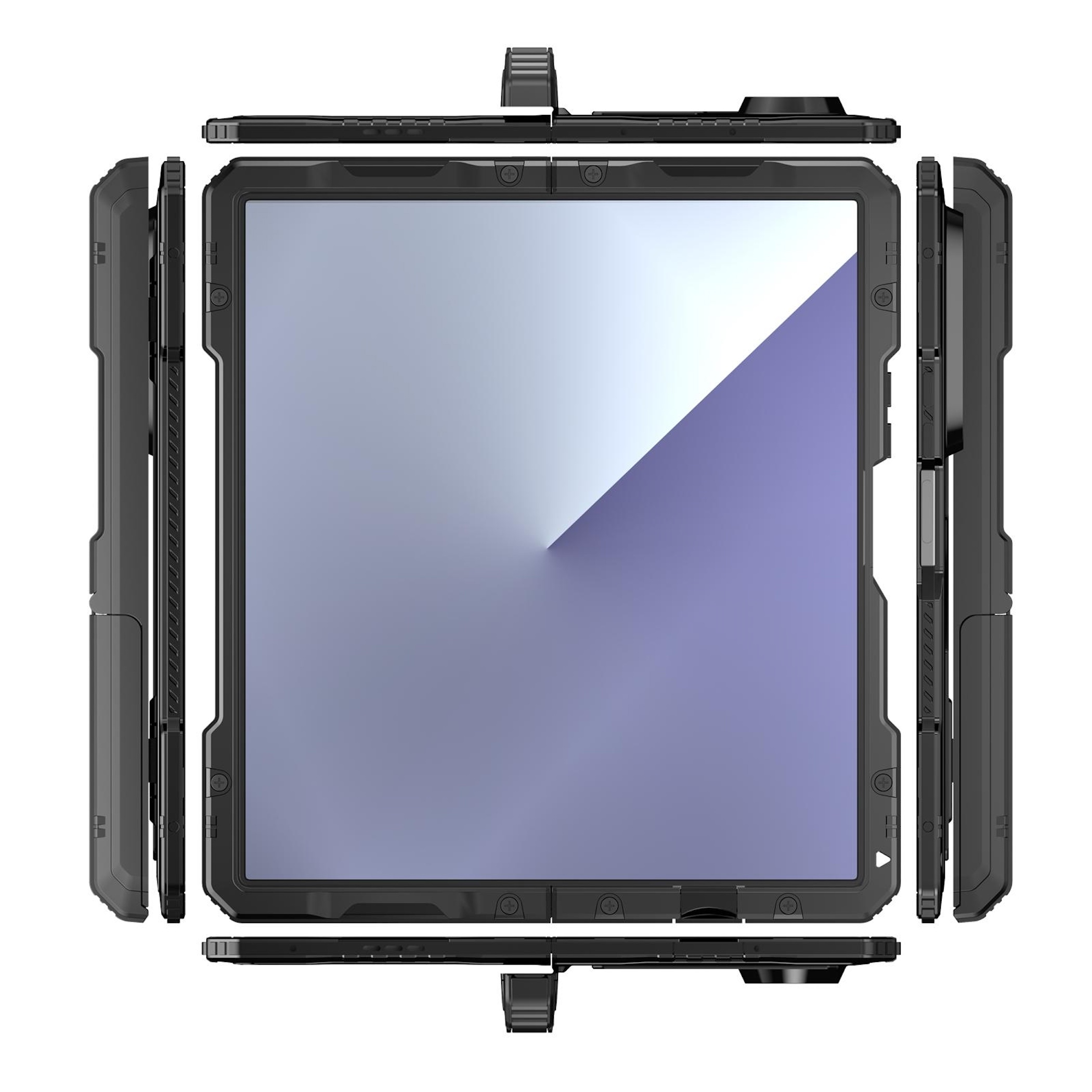Ein schwarzes Tablet mit robuster Schutzhülle, umgeben von seinen vier Seitenkanten auf weißem Hintergrund.
