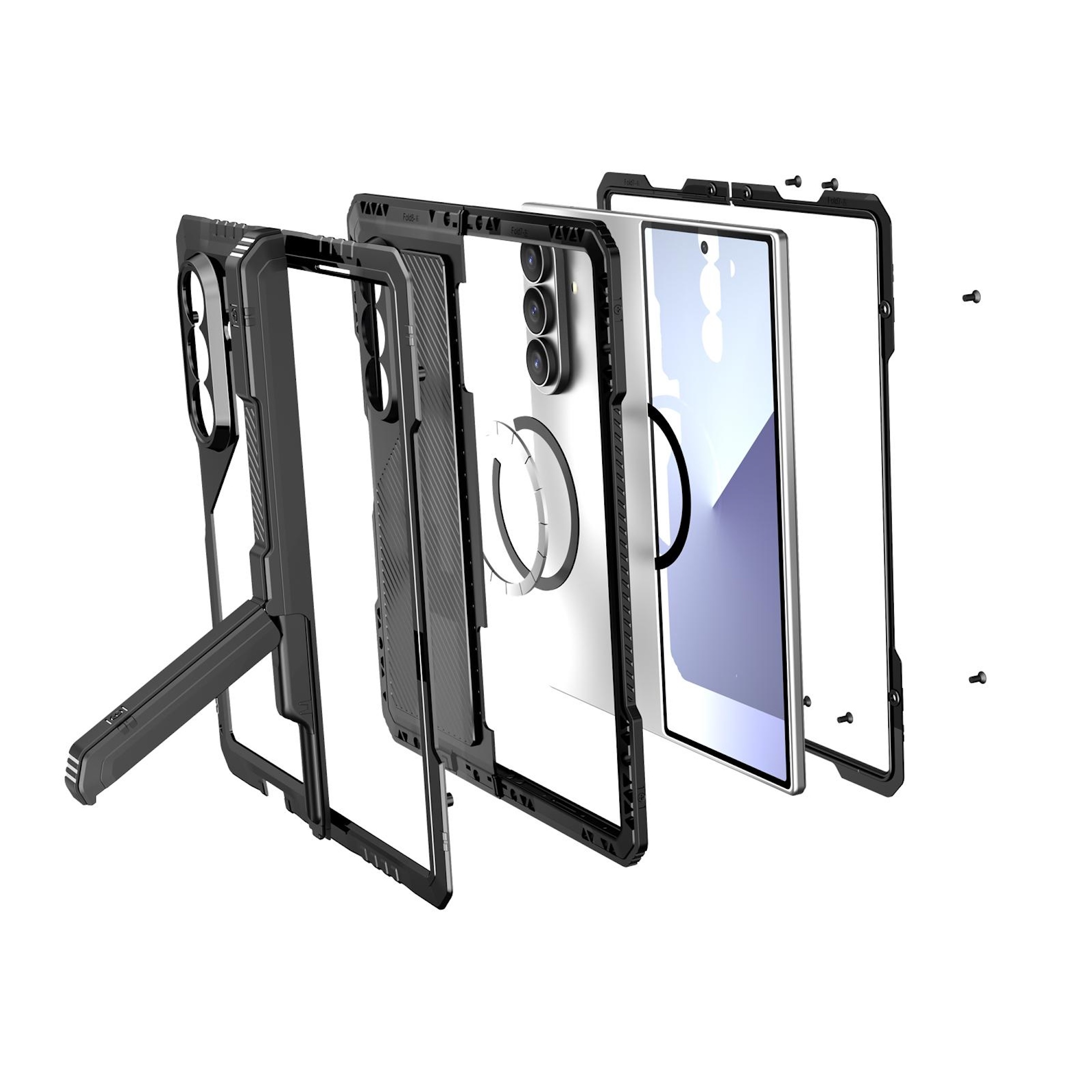 Explosionszeichnung eines Smartphone-Schutzgehäuses mit einzelnen Schichten, Rahmen und Schrauben.