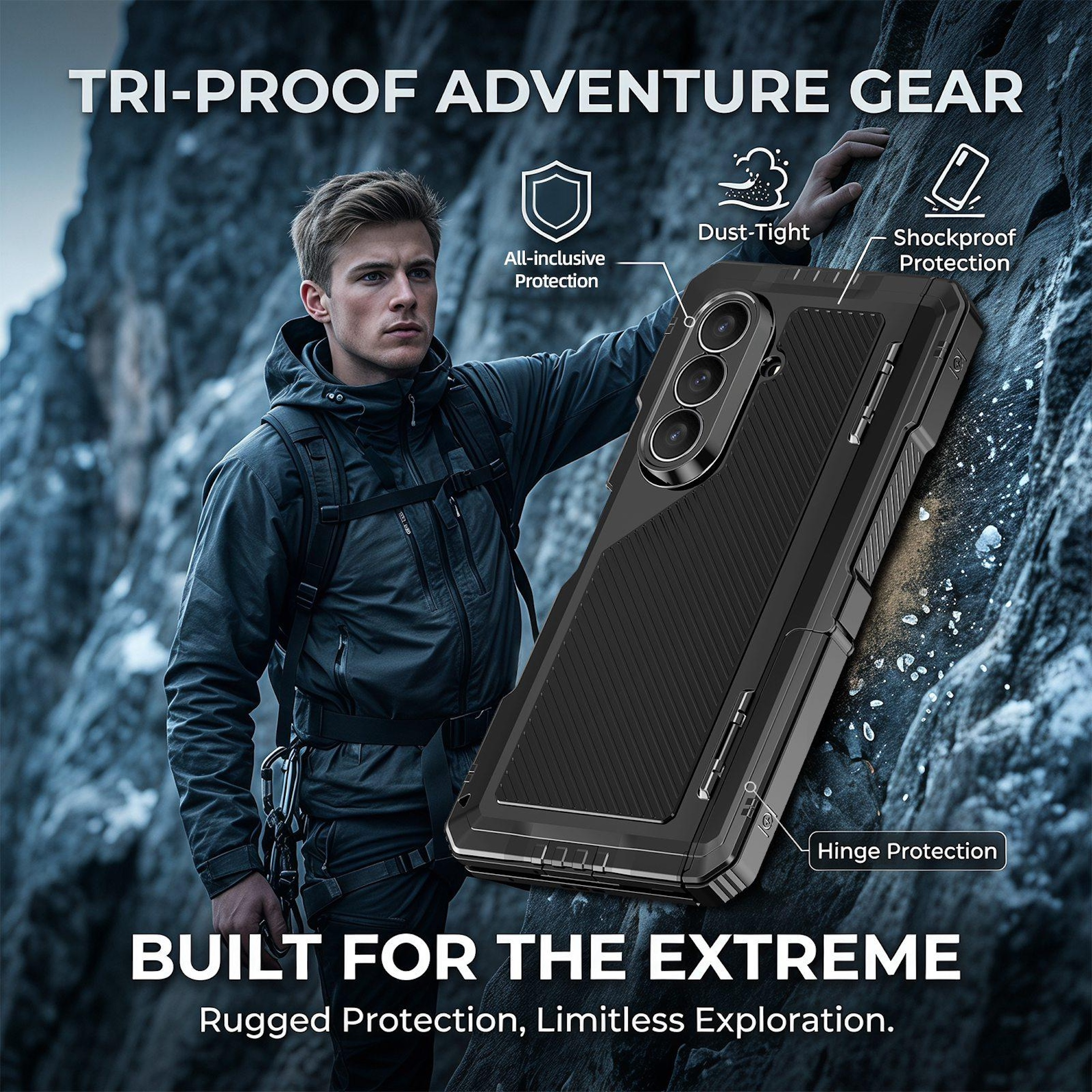 Ein Mann im Freien mit einem robusten schwarzen Smartphone vor felsigem Hintergrund.