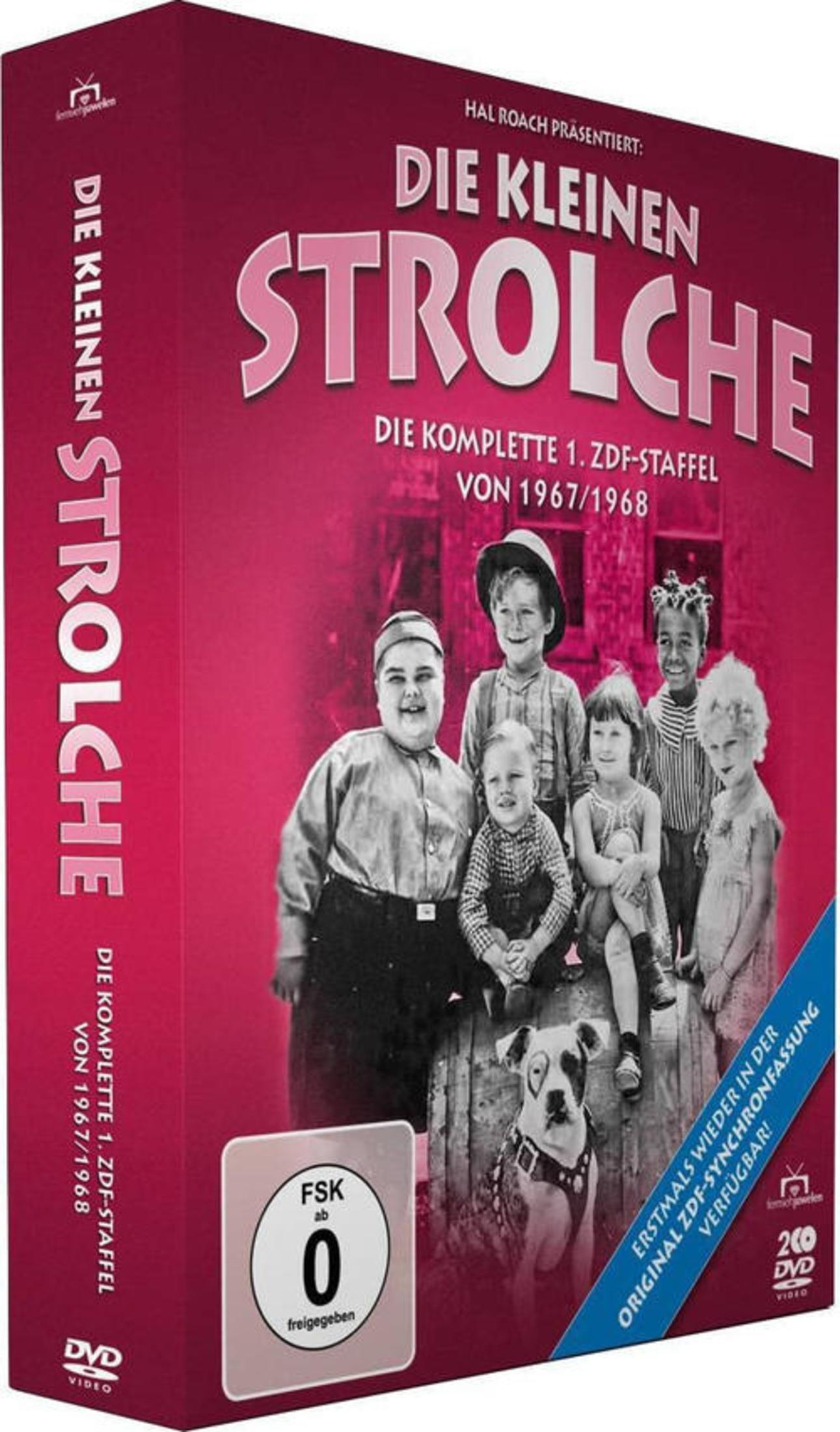 DVD-Hülle von Die kleinen Strolche mit Schwarz-Weiß-Foto von Kindern und einem Hund auf pinkem Hintergrund.