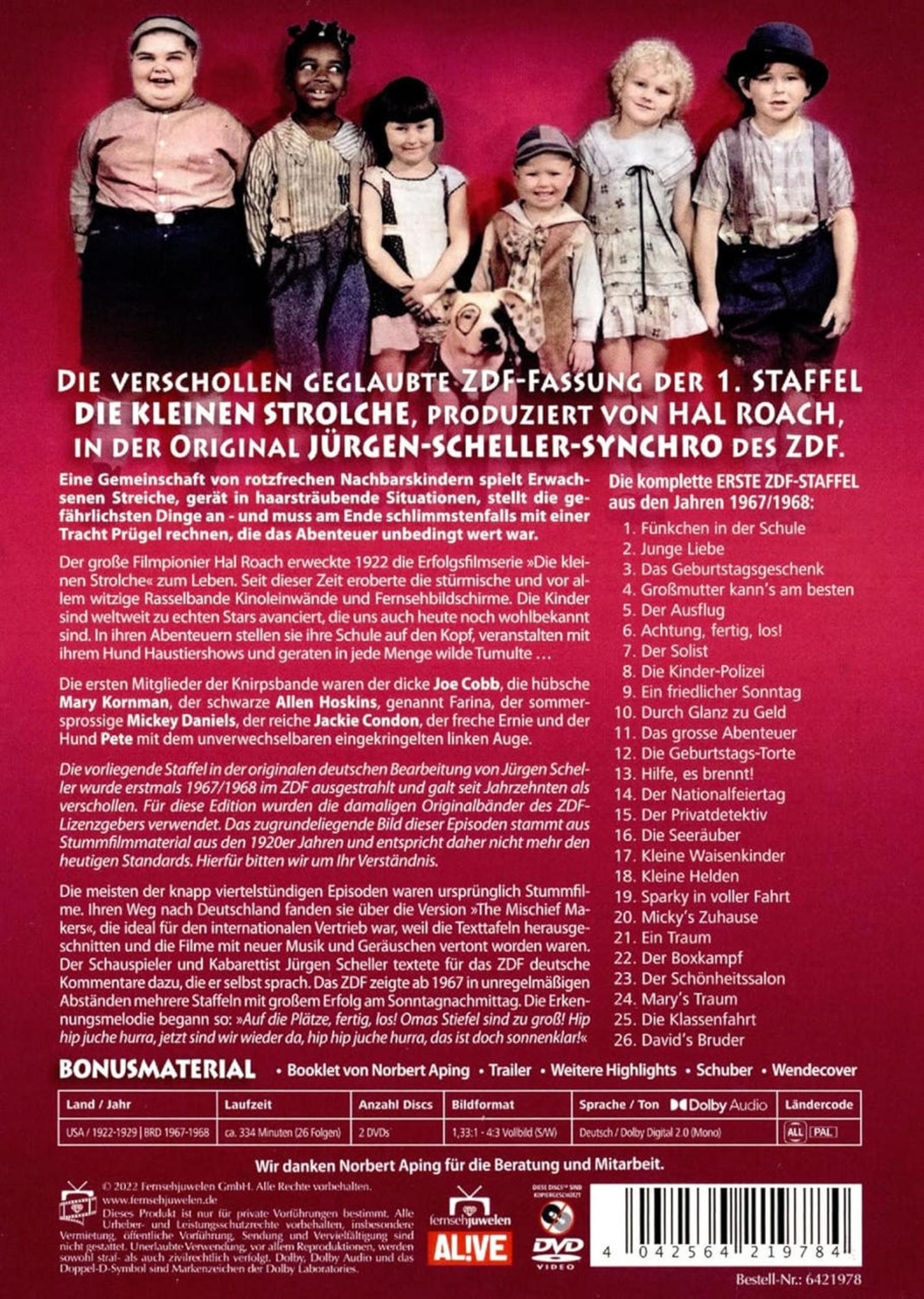 DVD-Cover der kleinen Strolche auf rotem Hintergrund mit Kindern, einem Hund und Text.