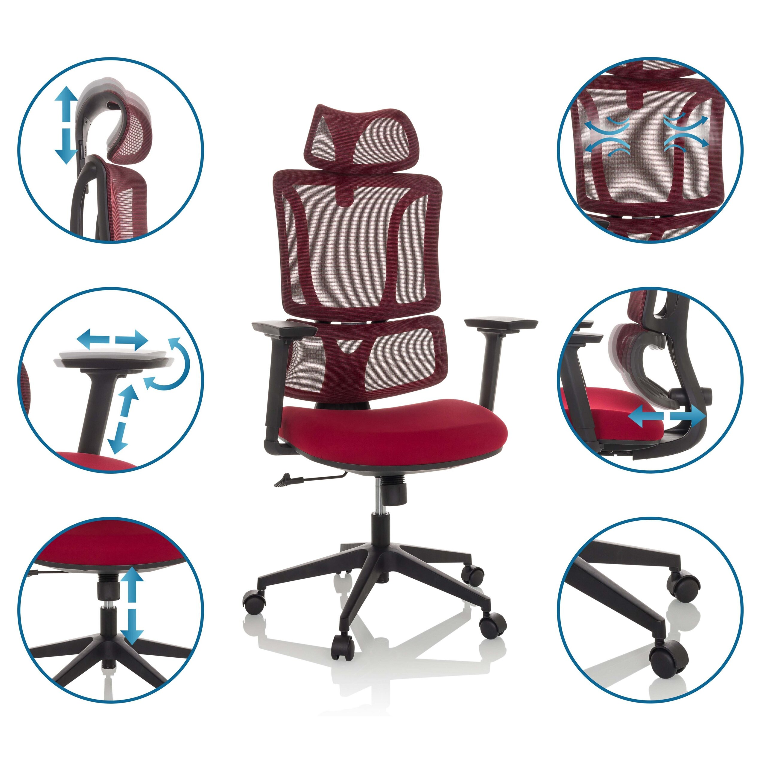 Roter ergonomischer Bürostuhl mit Mesh-Rückenlehne und Einstellungsdetails in Kreisen.