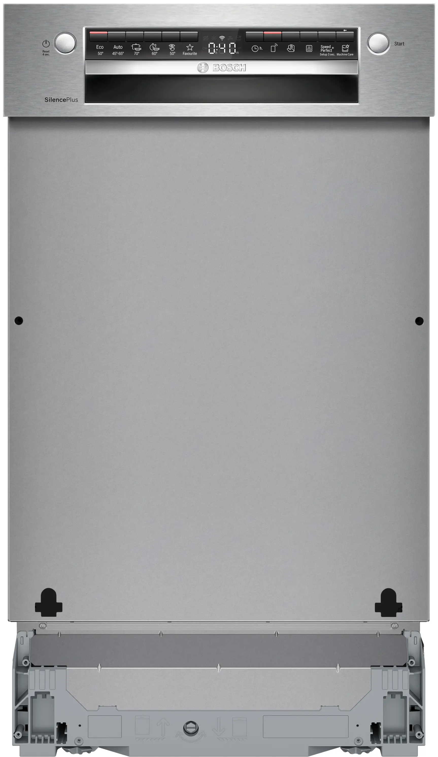 Lavastoviglie Bosch da incasso in acciaio inox con pannello di controllo nero e display digitale.