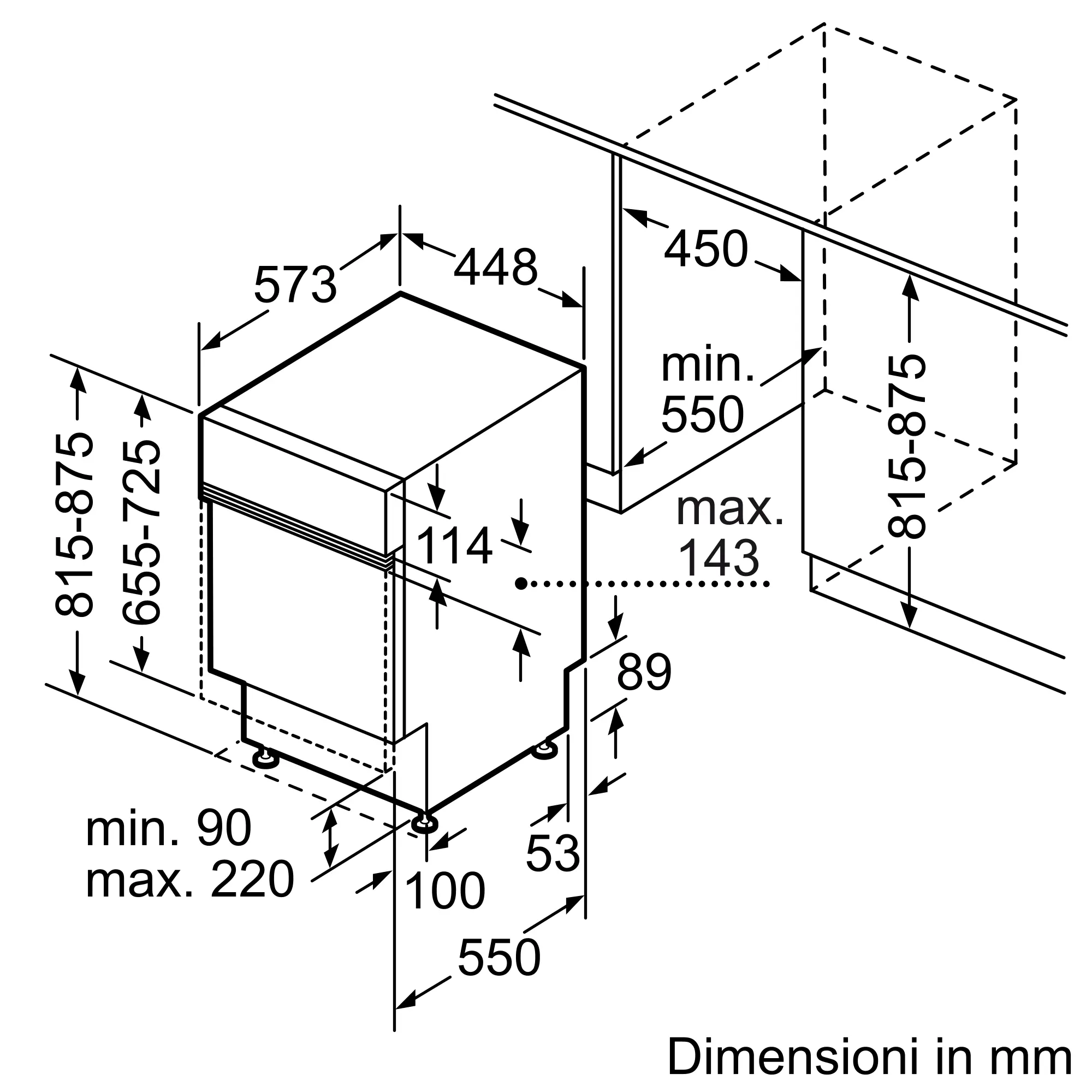 Disegno tecnico di una lavastoviglie con quote dettagliate in millimetri.