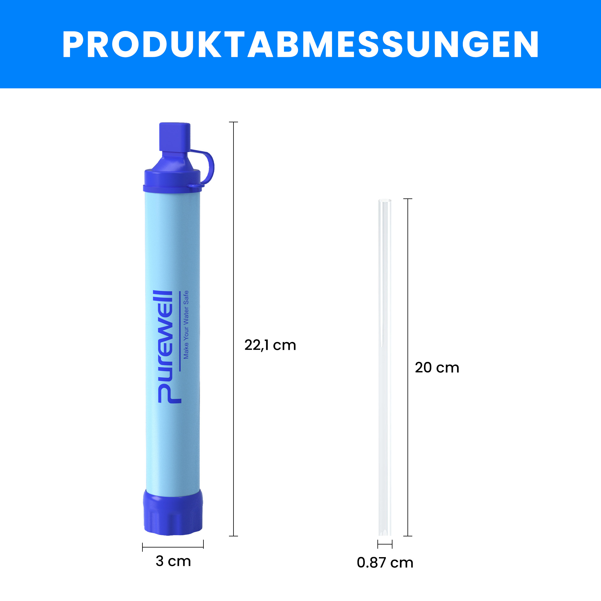 Produktabmessungen eines blauen Wasserfilters mit Trinkhalm: Filter 22,1 x 3 cm, Halm 20 x 0,87 cm.
