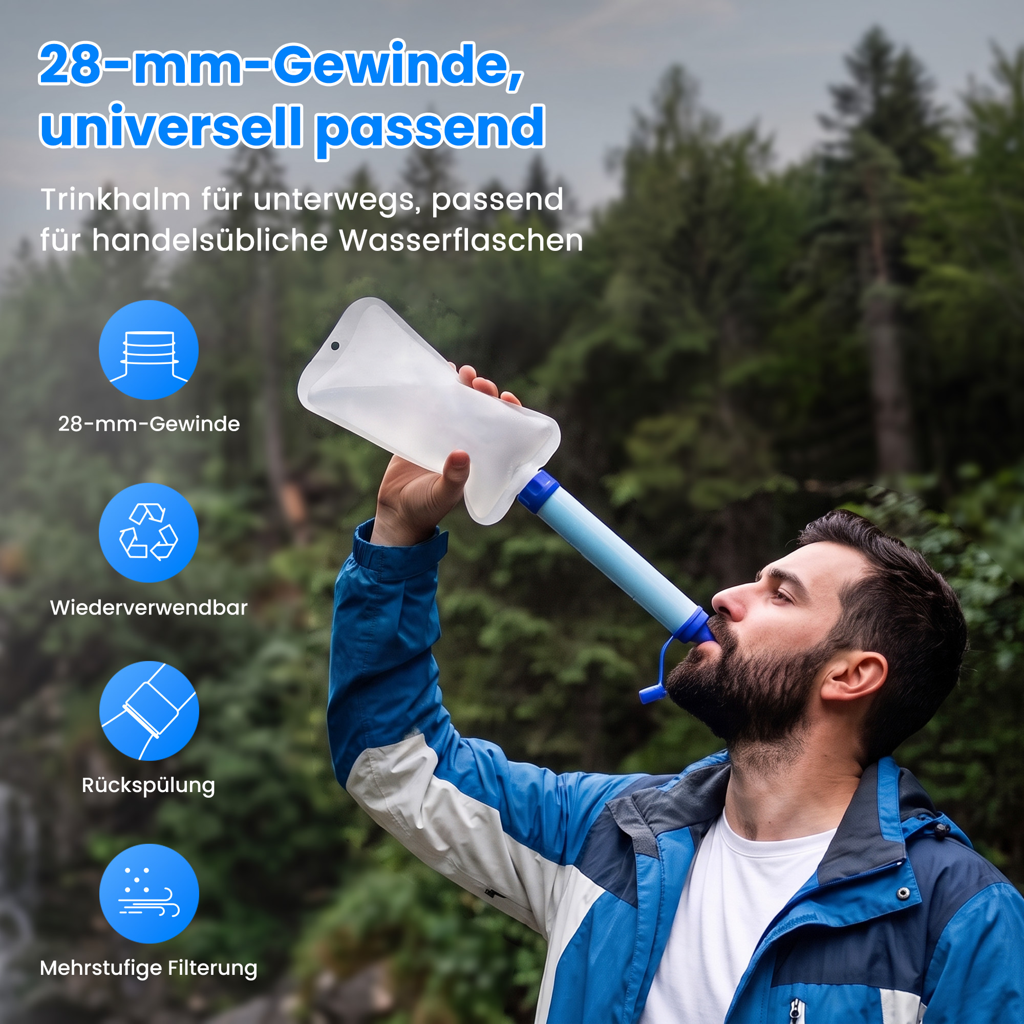 Ein Mann trinkt im Wald aus einer flexiblen Wasserflasche mit Filter. Textoverlays beschreiben Produkteigenschaften.
