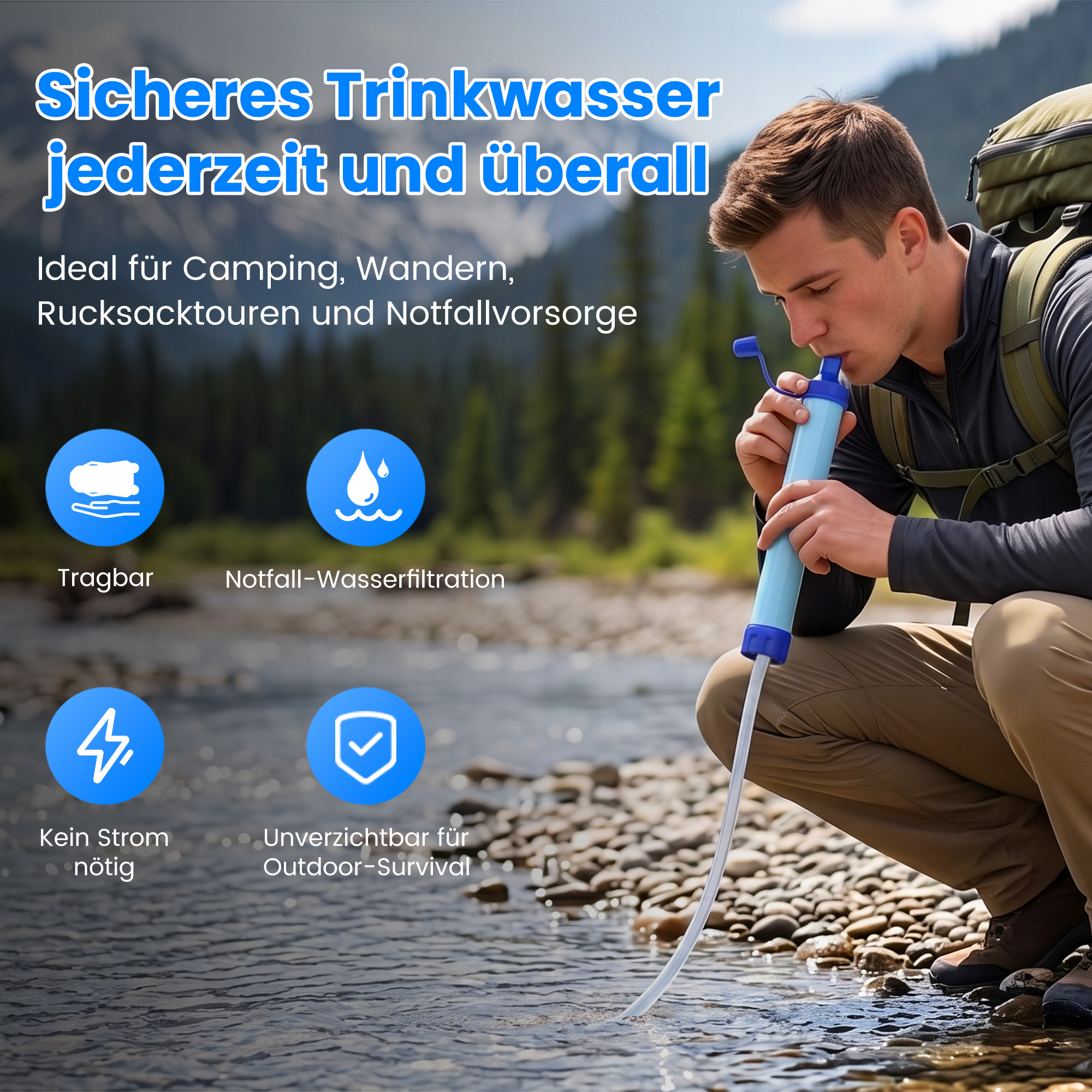 Ein Mann kniet am Flussufer in den Bergen und trinkt mit einem blauen Tragfilter Wasser.