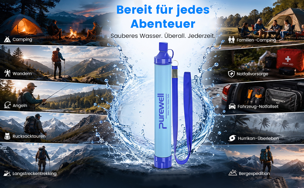 Ein blauer Wasserfilter surrounded by water splashes, surrounded by various outdoor activity scenes like camping and hiking.