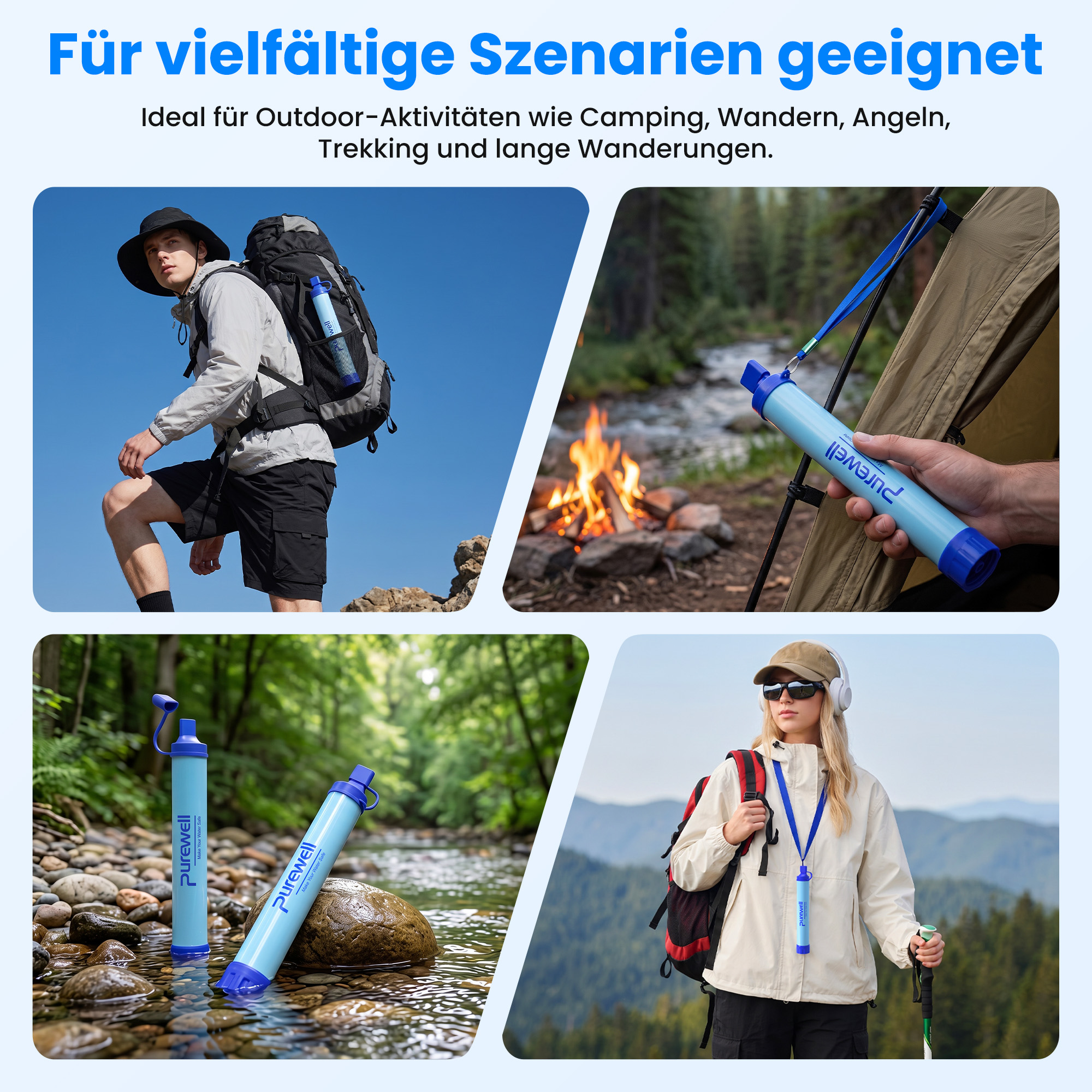 Vier Bilder zeigen Menschen mit blauen Wasserfiltern beim Wandern, Zelten und am Bach.