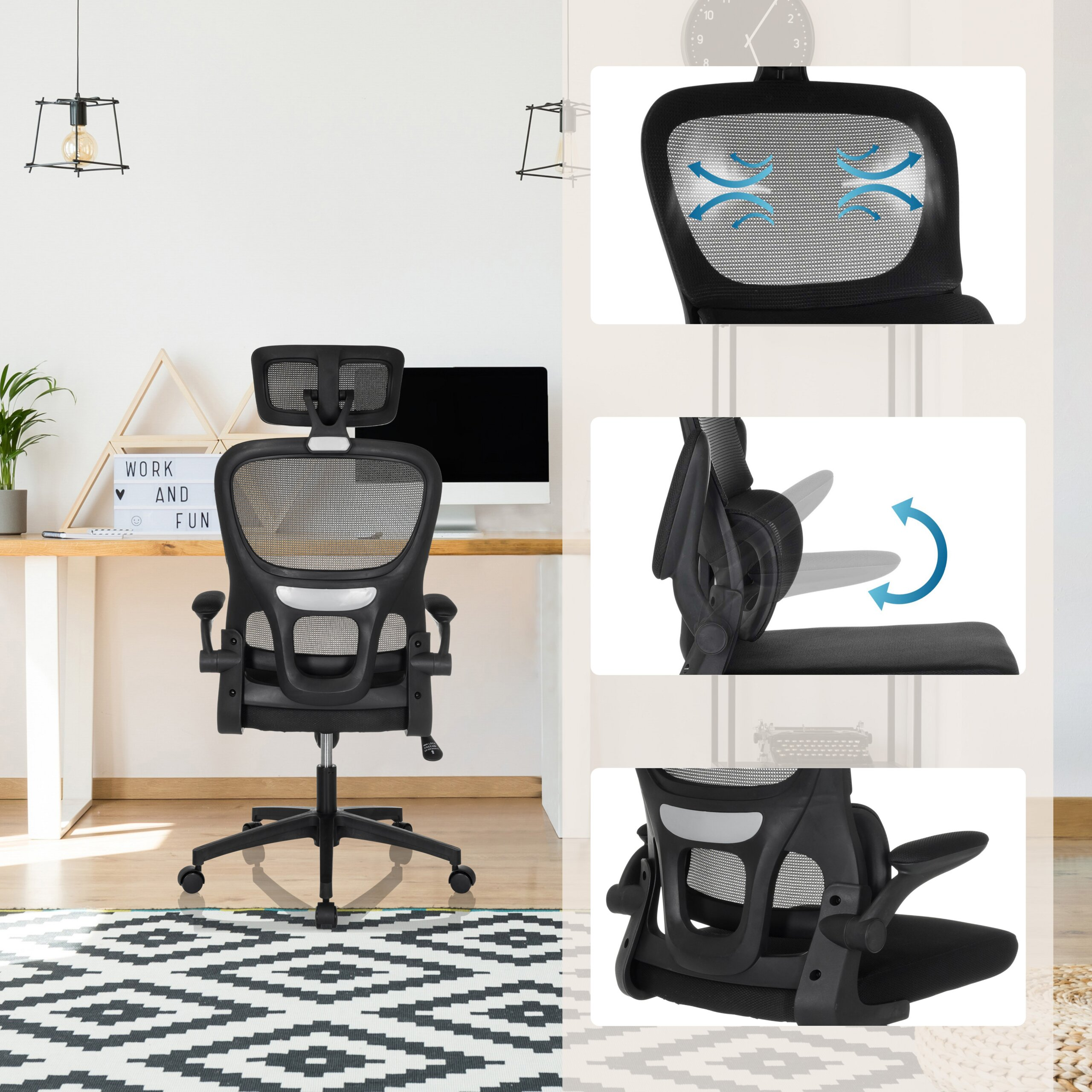 Ein schwarzer Netz-Bürostuhl mit verstellbaren Funktionen in einem hellen Raum.