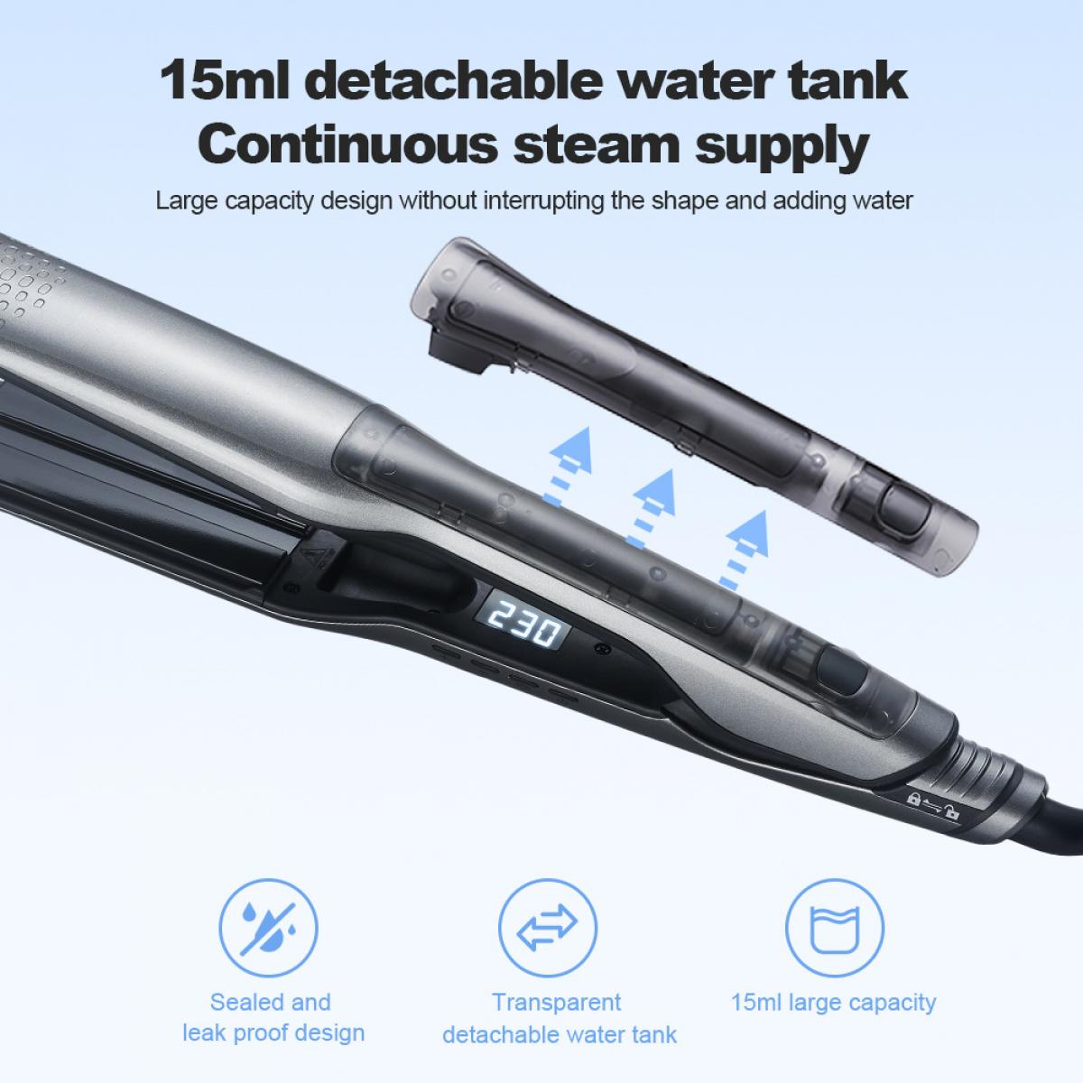 Haarglätter mit abnehmbarem 15ml Wassertank und Digitalanzeige.