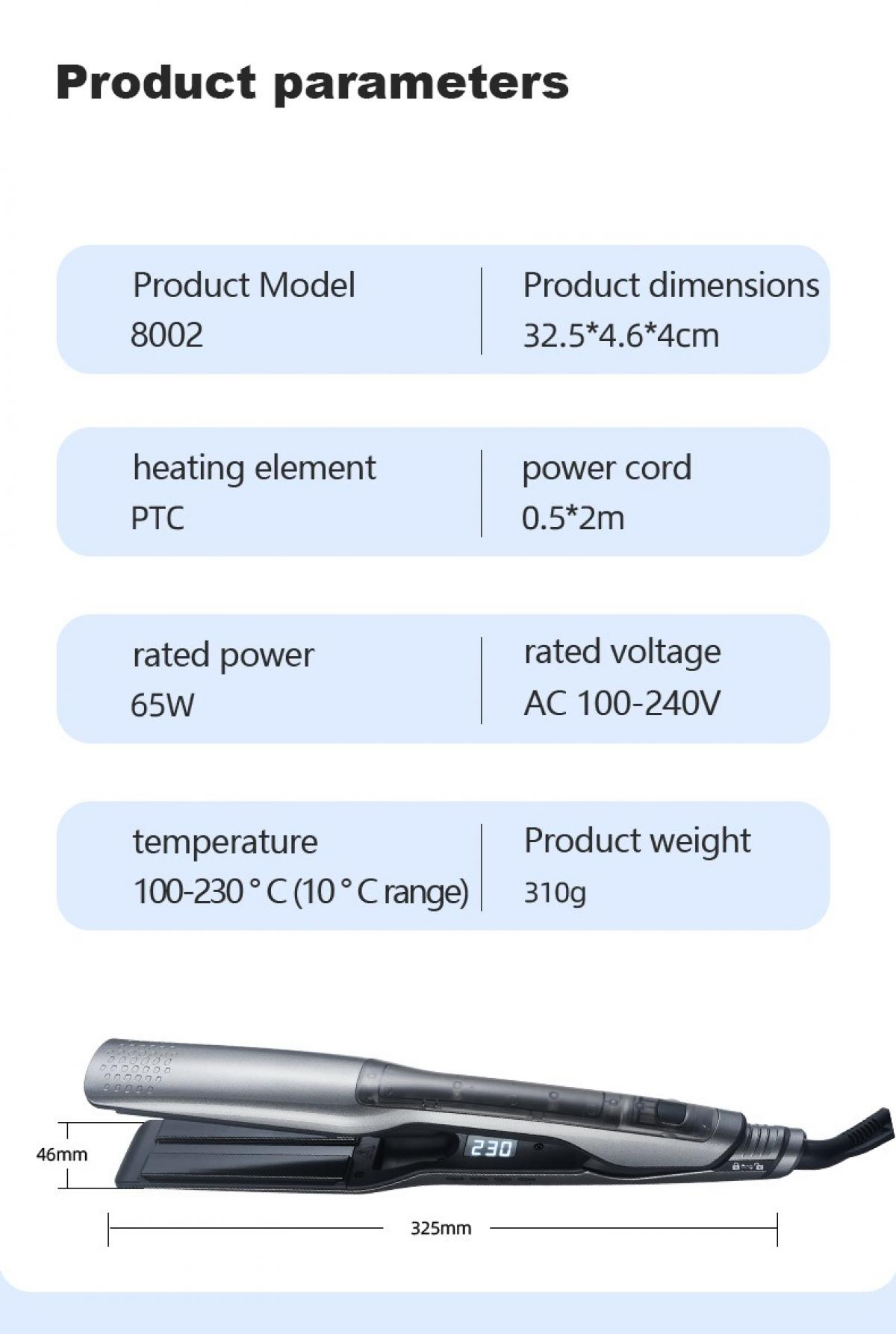 Produktdetails für Haarglätter 8002 mit PTC-Heizelement, 65W Leistung und 310g Gewicht.