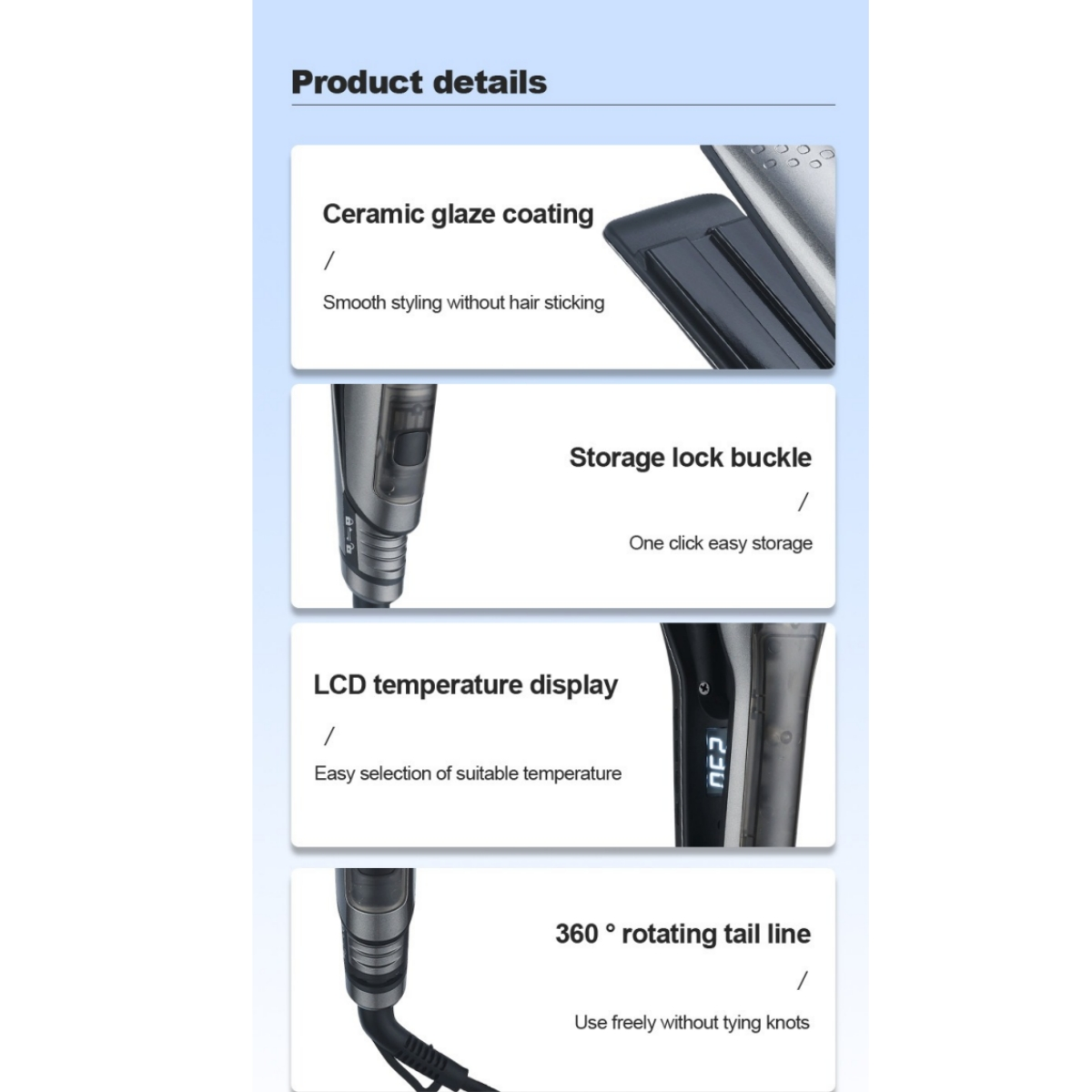 Produktdetails für Haarglätter zeigen Keramikbeschichtung, Verriegelung, LCD-Display und drehbares Kabel.