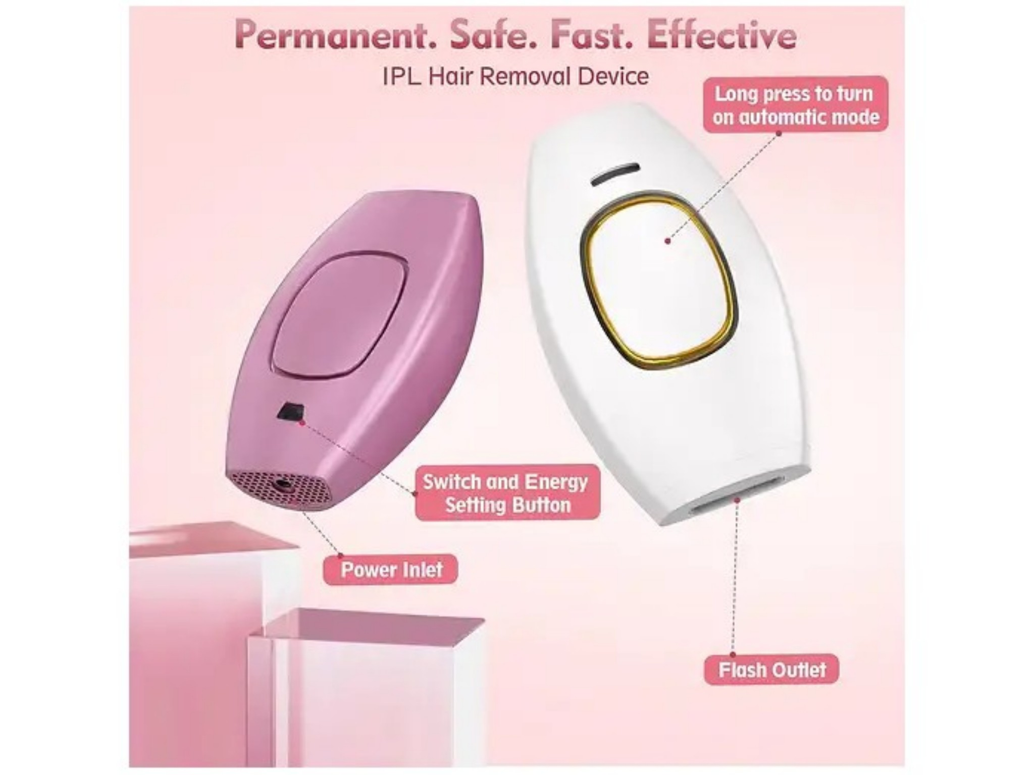 Diagramm eines IPL-Haarentfernungsgeräts in Pink und Weiß mit beschrifteten Teilen.
