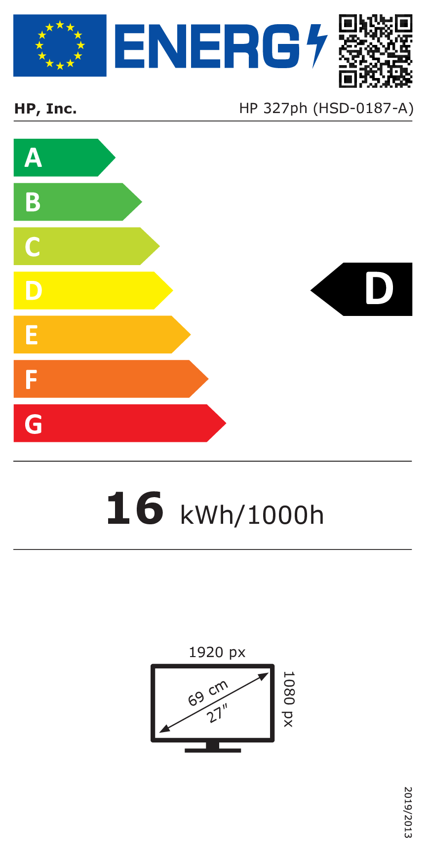 Etykieta energetyczna UE dla monitora HP, klasa D, 16 kWh/1000h, 69 cm.
