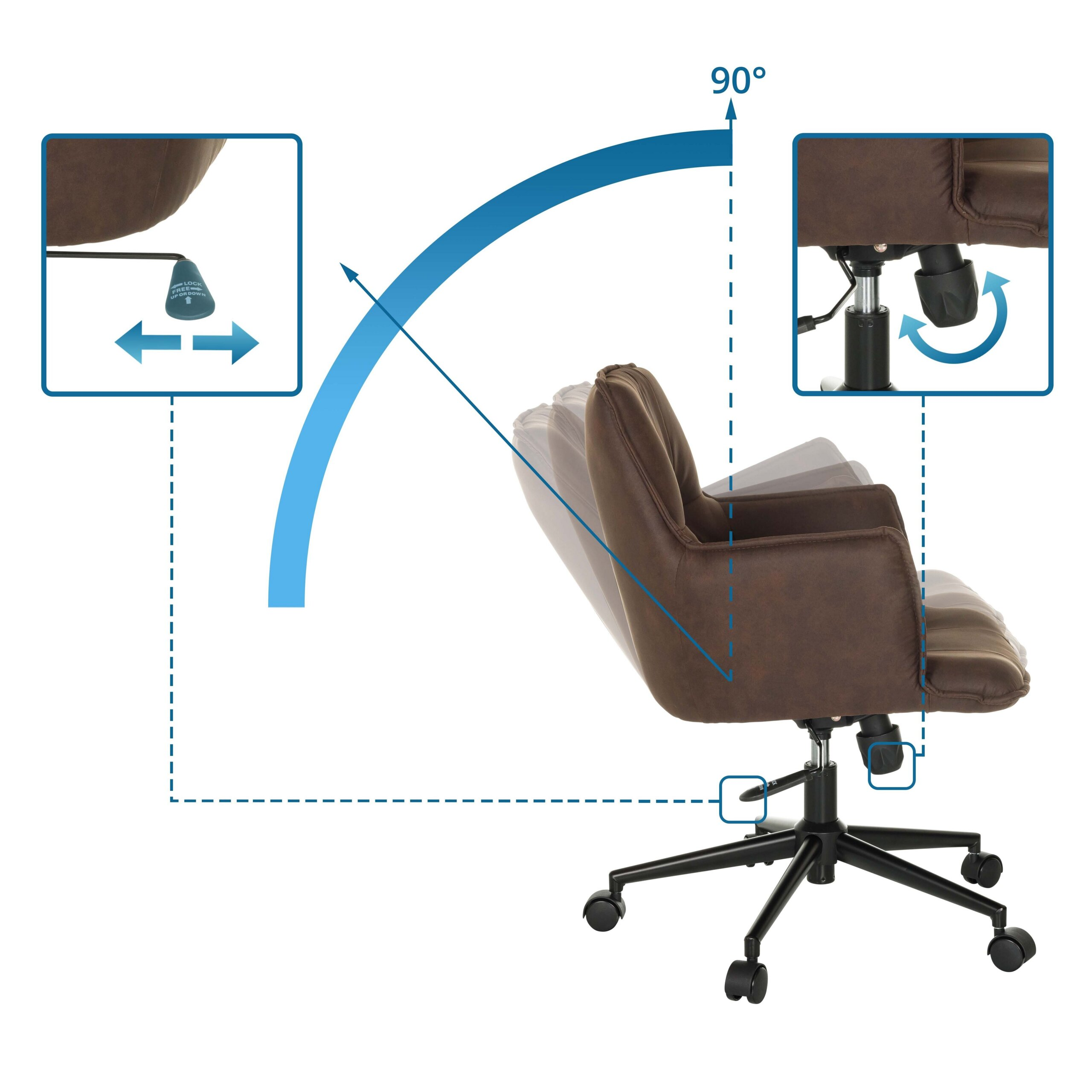 Ein brauner Buerostuhl mit Wippmechanismus und Hebelbedienung.