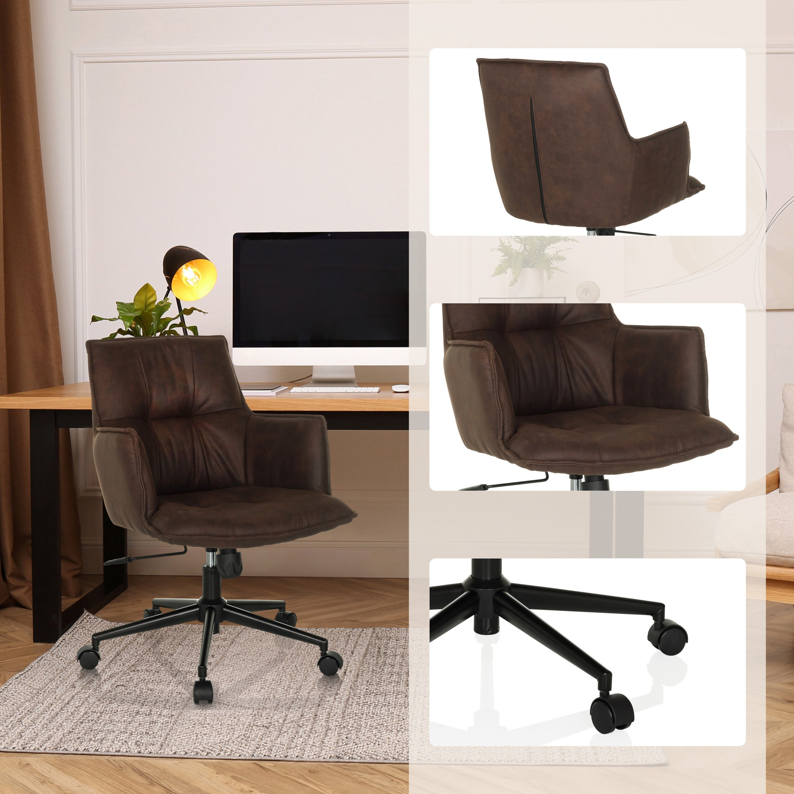 Brauner Drehstuhl mit Rollen in einem modernen Arbeitszimmer mit Schreibtisch und Computer.