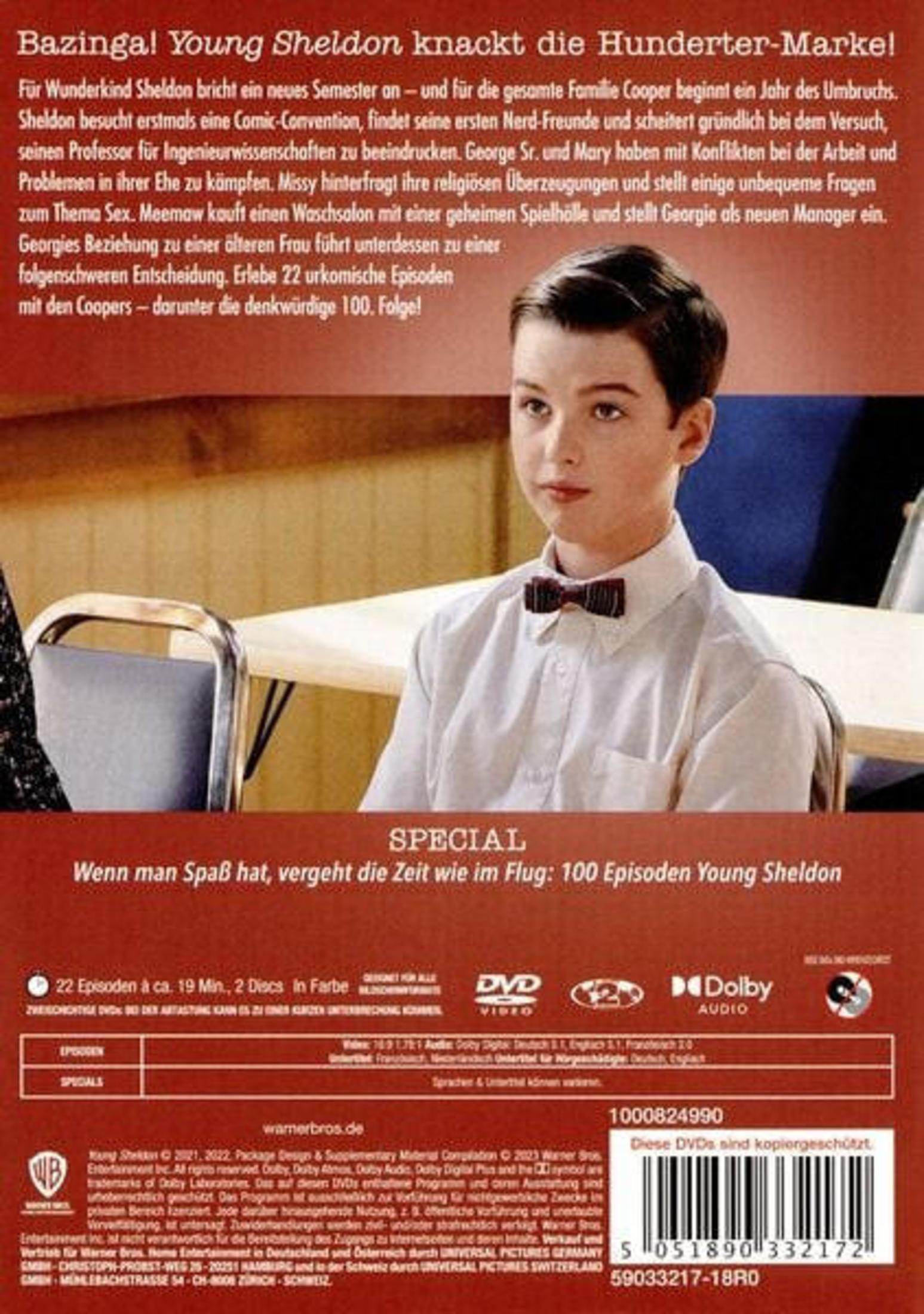 Rückseite der Young Sheldon DVD-Hülle mit Bild des Jungen im Hemd und Fliege sowie deutscher Textbeschreibung.