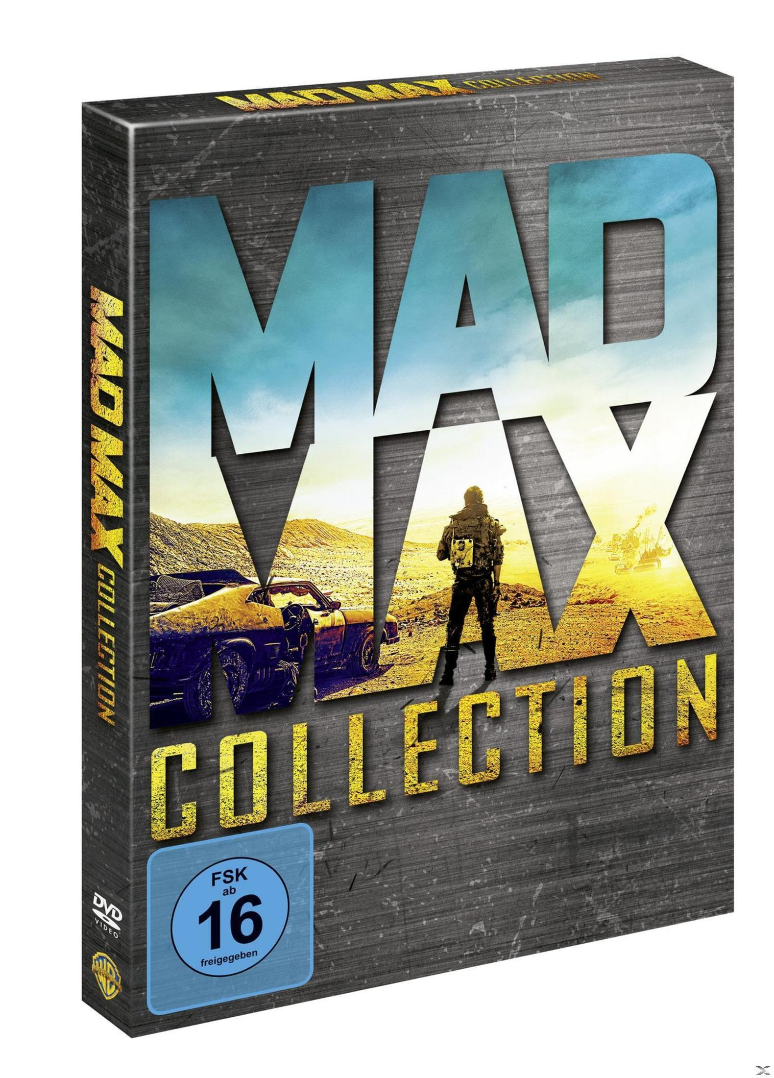 DVD-Hülle Mad Max Collection mit Wüstenlandschaft, Auto, Figur und FSK 16 Logo.