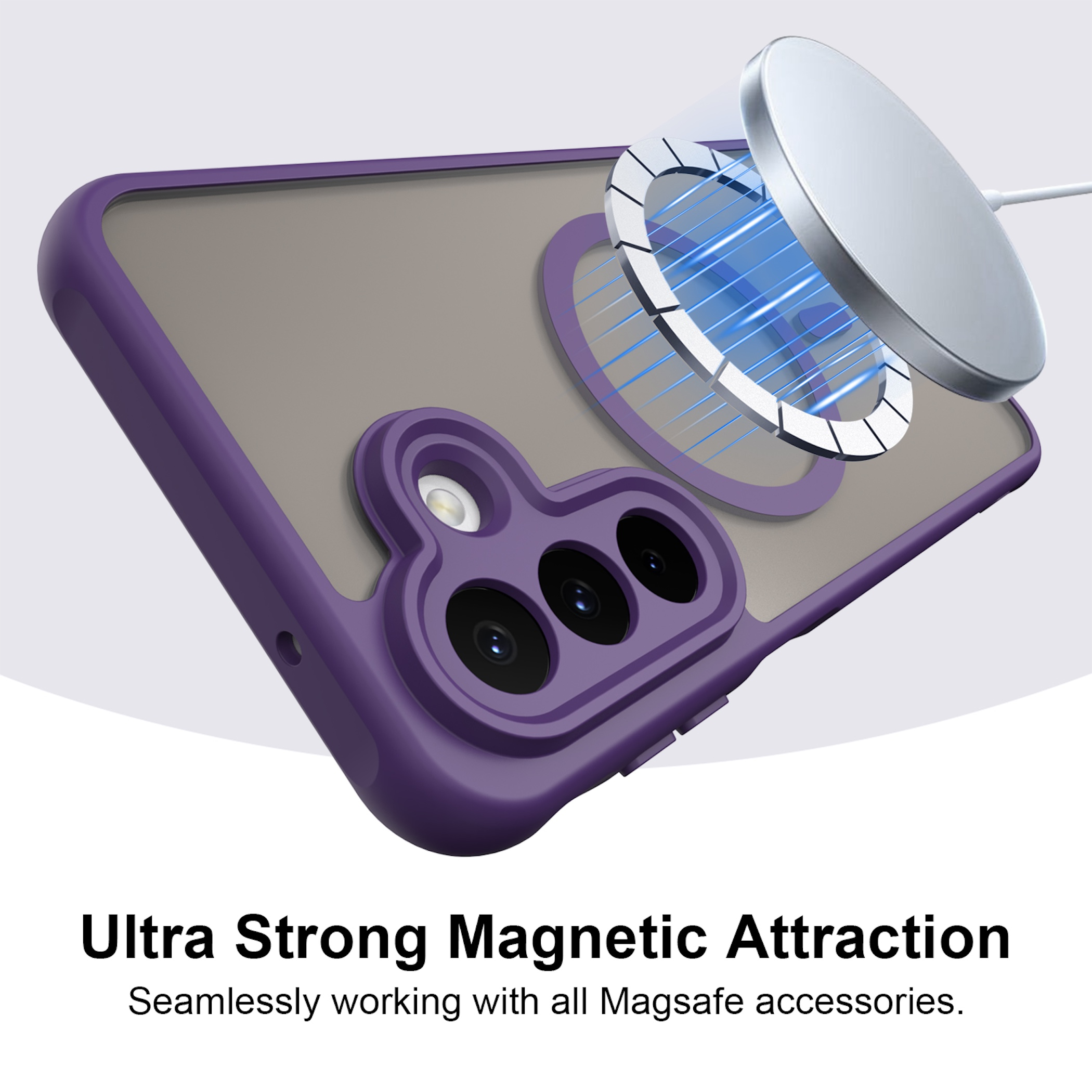 Eine lila Handyhülle mit einem magnetischen kabellosen Ladegerät, das sich am Ringmagneten ausrichtet.