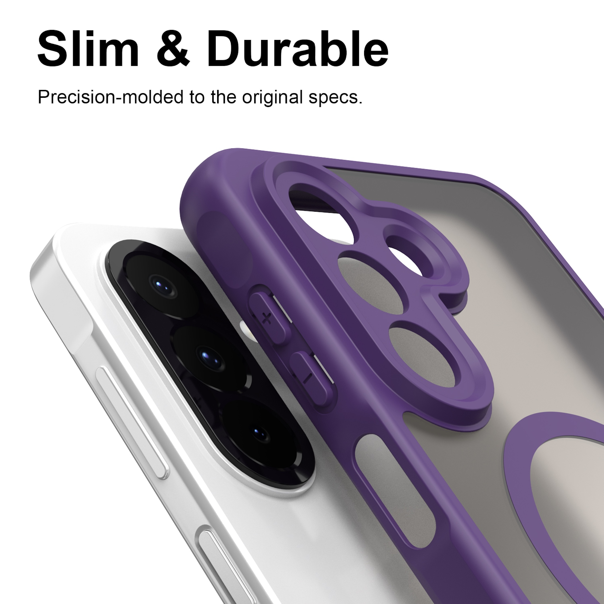 Ein weißes Smartphone mit einer violetten, präzise geformten Schutzhülle auf weißem Hintergrund.