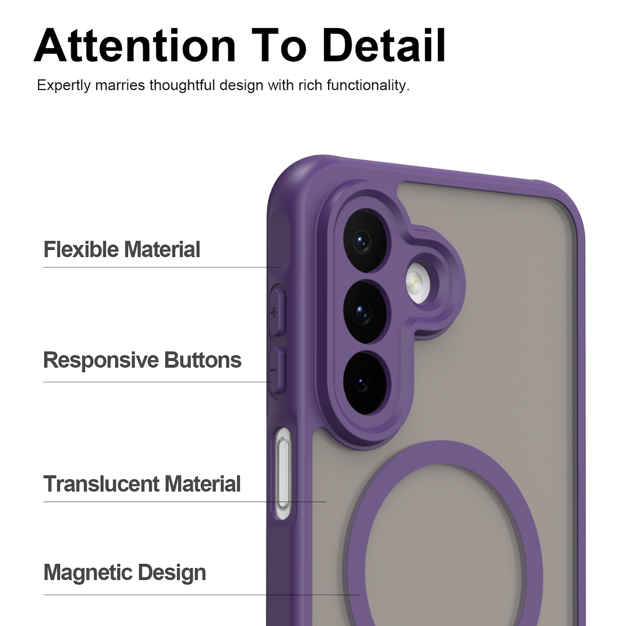 Lila Handyhülle mit flexiblen Materialien, reaktionsschnellen Knöpfen, transluzentem Design und Magnetfunktion.