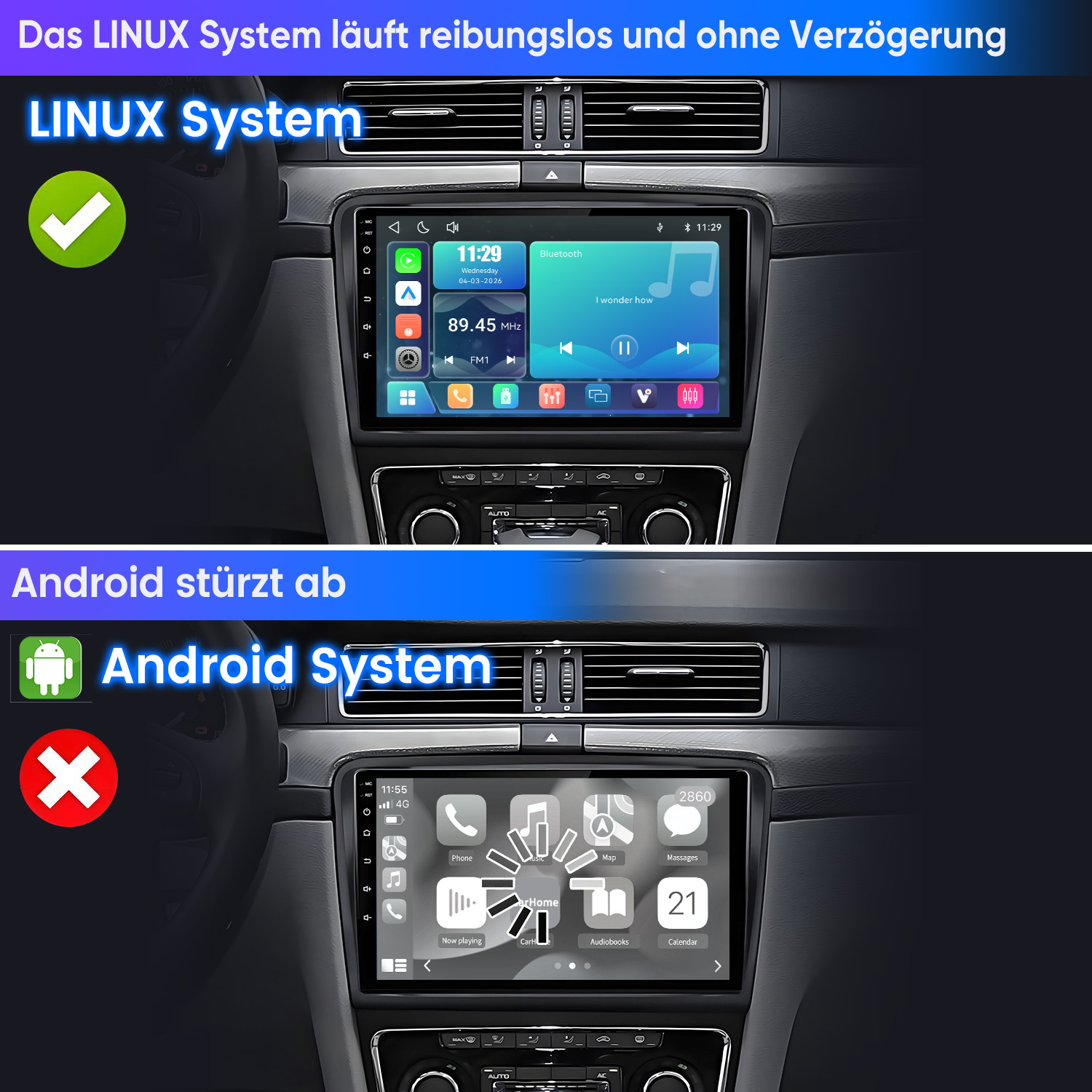 Vergleich zweier Auto-Displays: Ein Linux-System läuft reibungslos, während ein Android-System abstürzt.