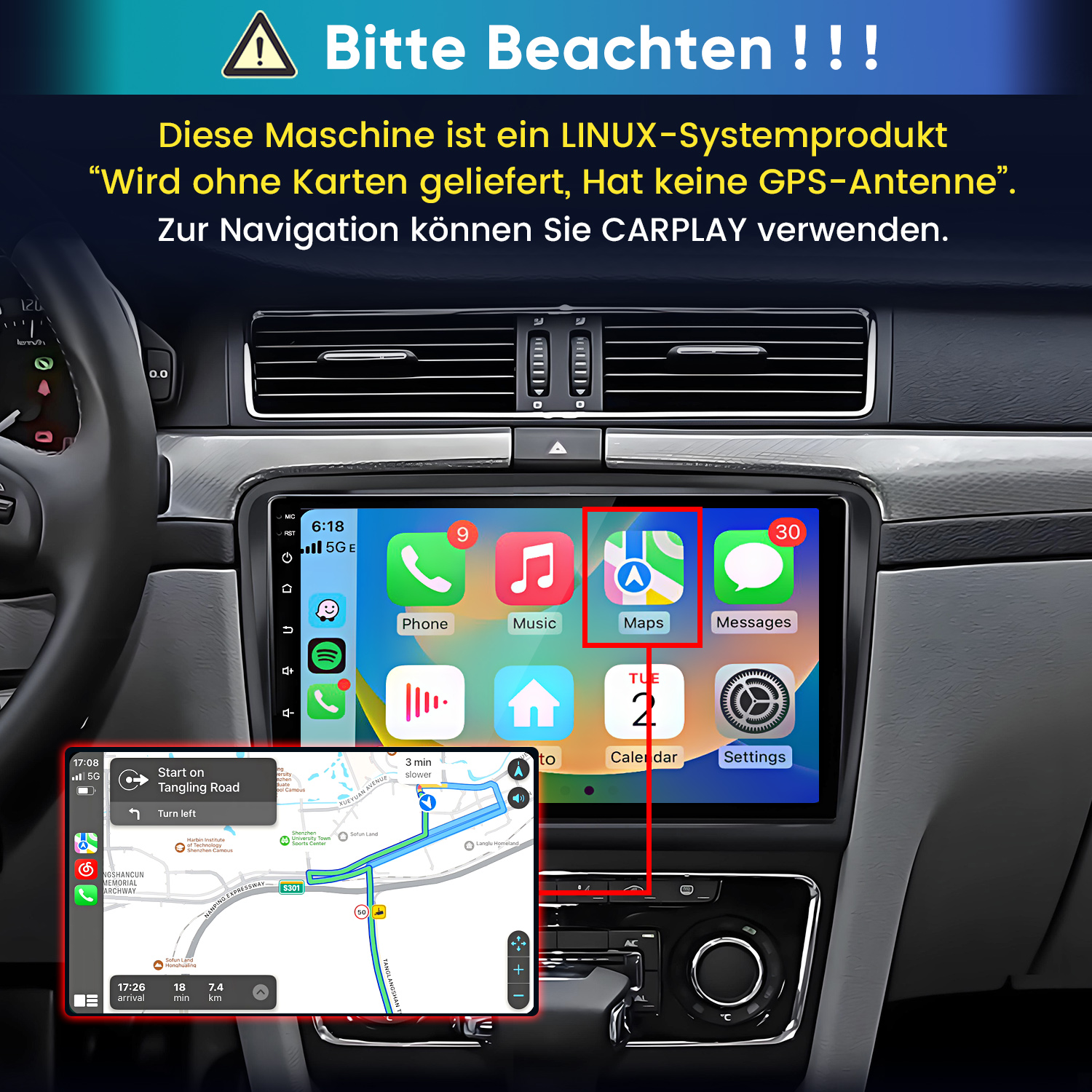 Ein Autoinnenraum mit einem CarPlay-Display, das Smartphone-Apps zeigt, und einem eingeblendeten Navigationskarten-Bild.