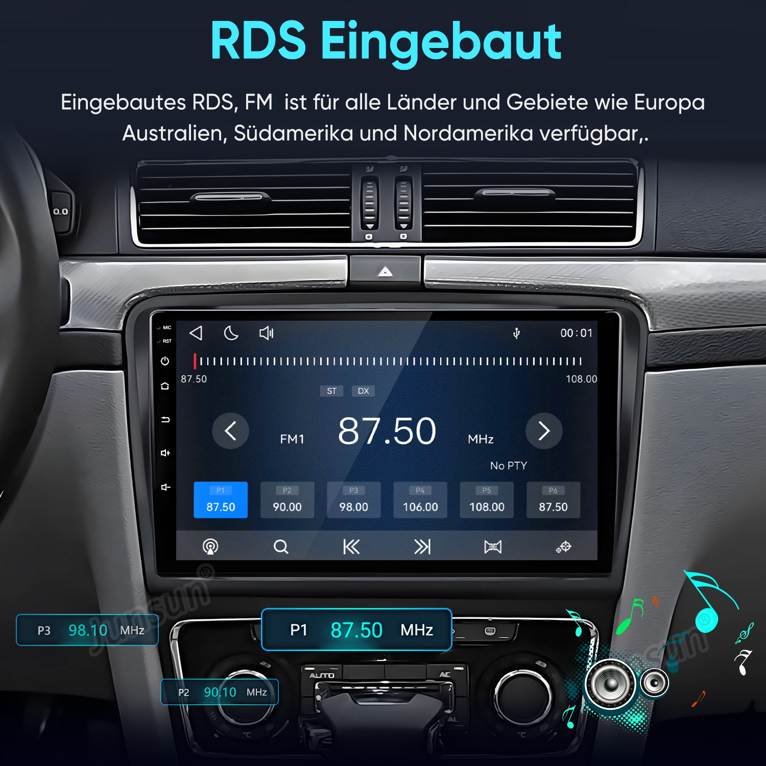 Autobrett mit einem digitalen Medienempfänger, RDS-Radioschnittstelle und Frequenz 87,50 MHz auf dem Bildschirm.