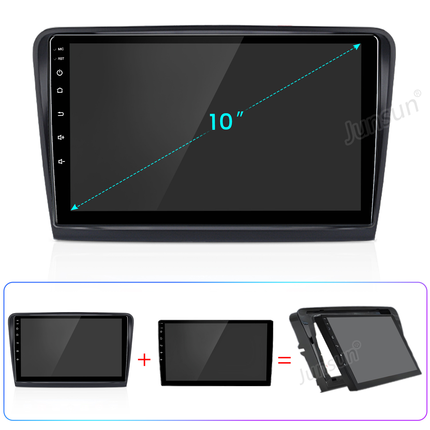 10-Zoll-Auto-Multimedia-Display mit Touchscreen und Tastenleiste sowie Kombinationsgrafik unten.