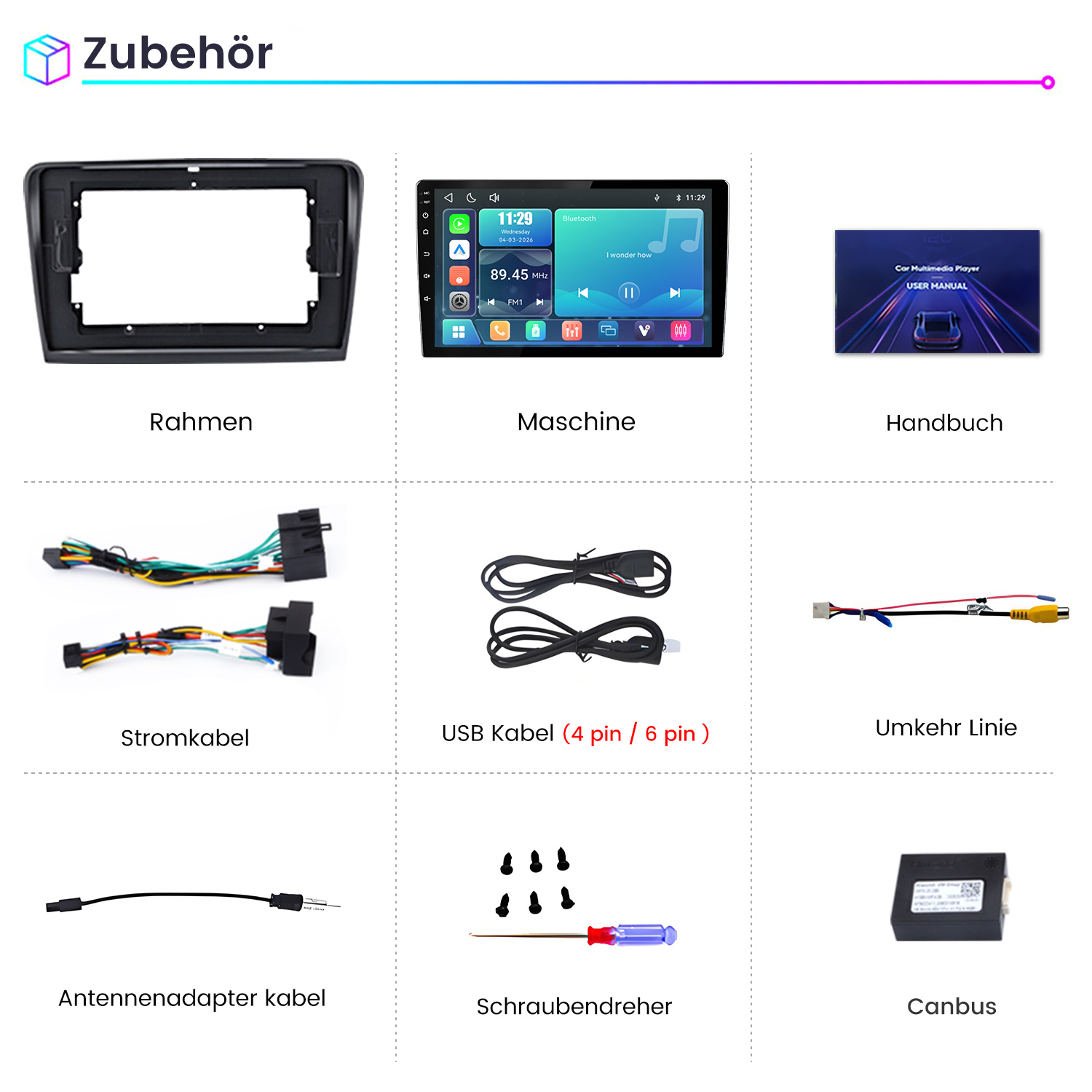 Zubehörübersicht mit Rahmen, Display, Handbuch, Kabeln, Schraubendreher und Canbus Modul auf weißem Hintergrund.