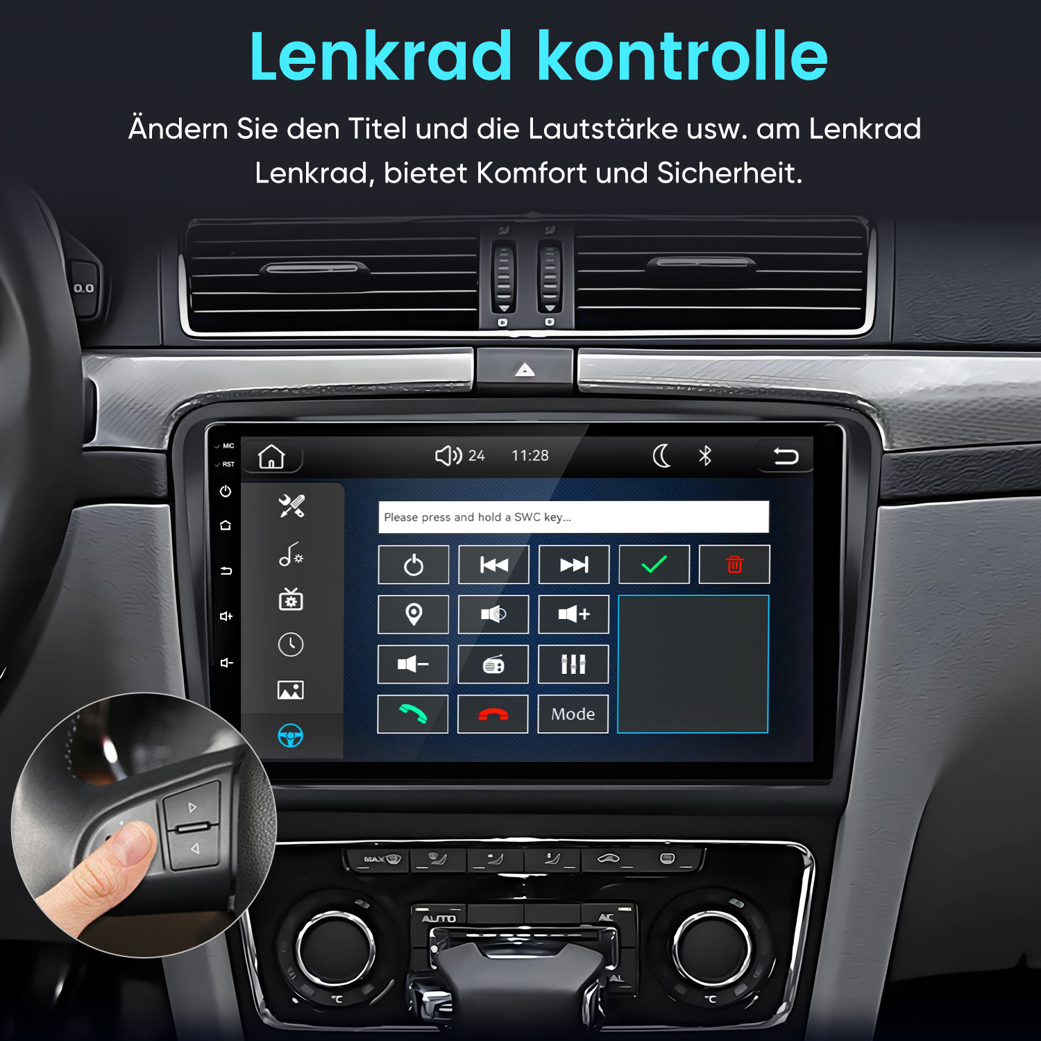 Autoinnenraum mit Touchscreen und Inset-Bild der Lenkradsteuerung.