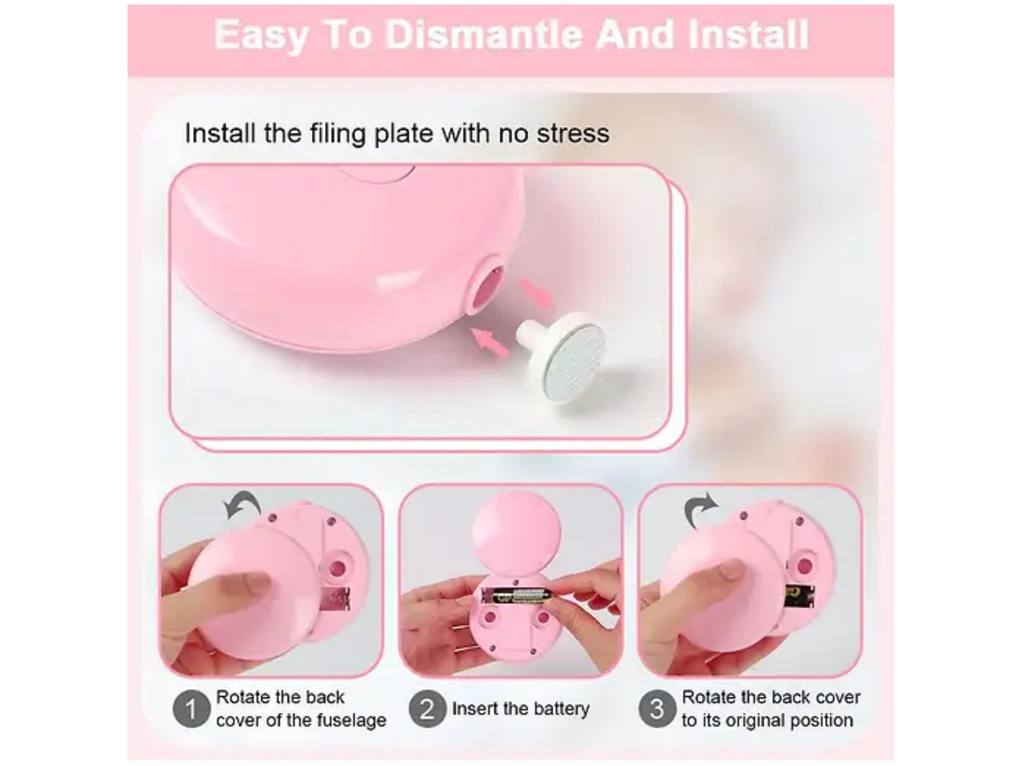 Anleitung zur Installation und Demontage eines rosa Geräts, einschließlich des Einsetzens von Batterien.