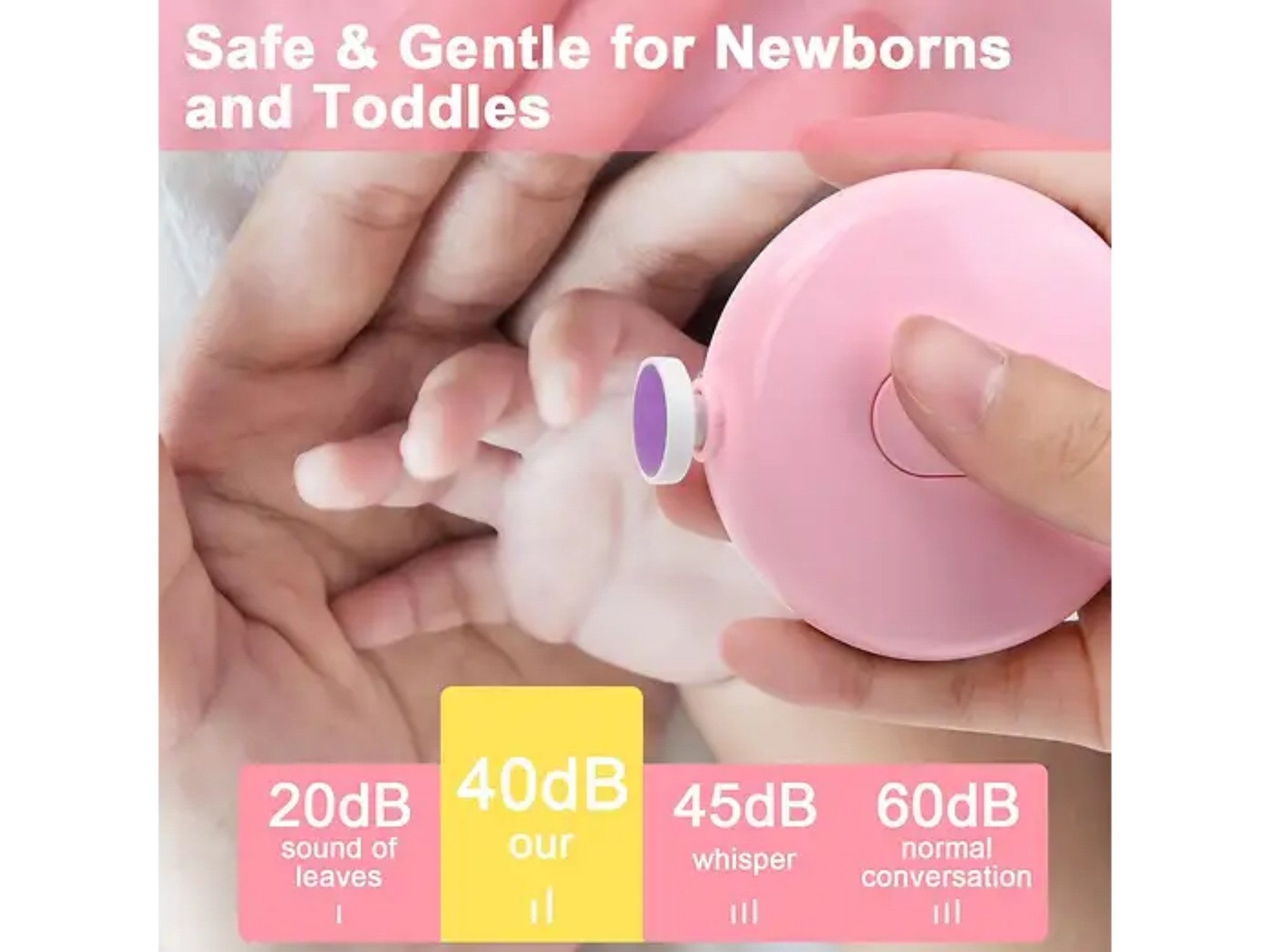 Ein Erwachsener benutzt einen sanften rosa elektrischen Nagelfeilen für das winzige Baby.