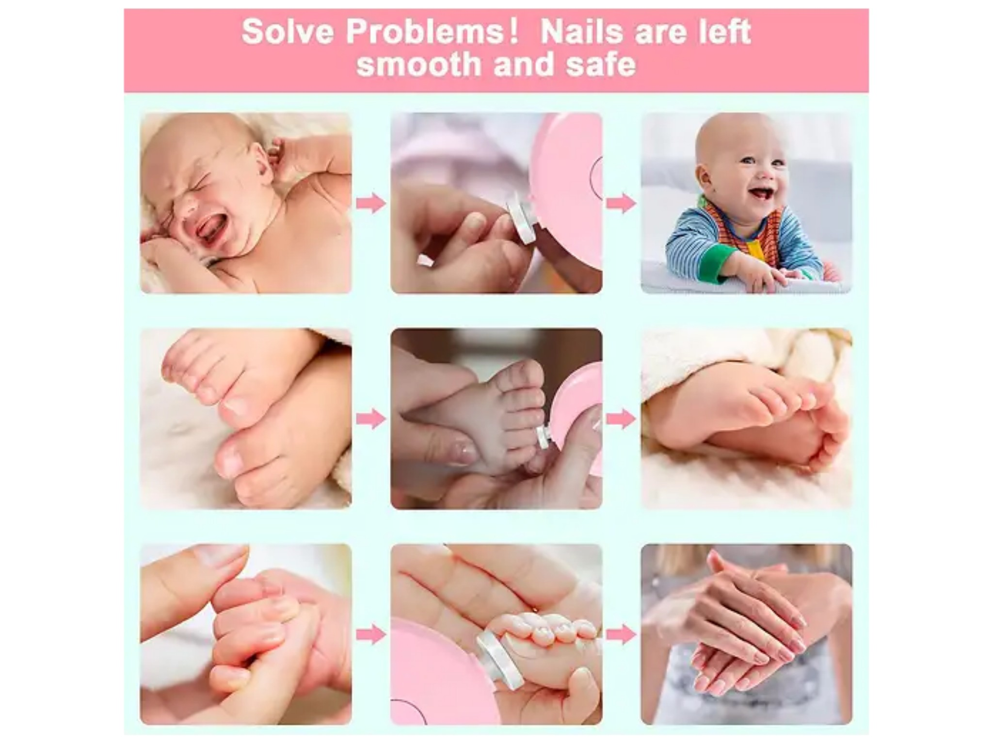 Eine Collage zeigt ein Baby, dem mit einem rosafarbenen elektrischen Trimmer sicher die Nägel geschnitten werden.
