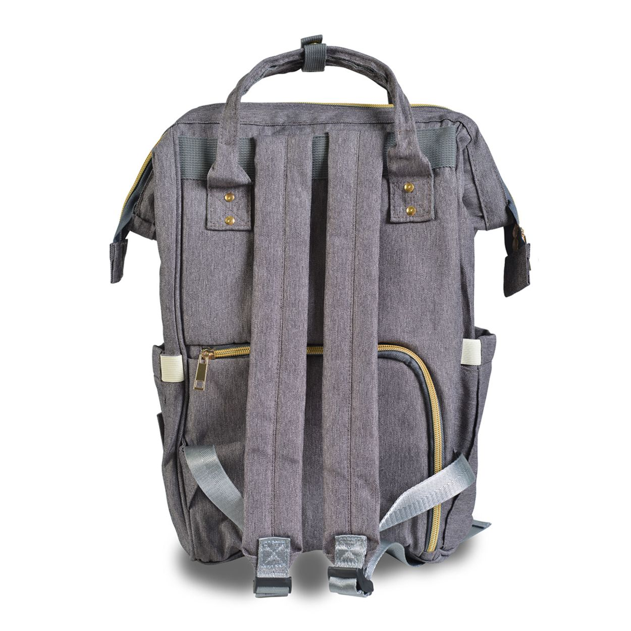 Ein grauer Rucksack mit zwei Schultergurten, Tragegriffen oben und goldenen Reißverschlüssen auf weißem Grund.