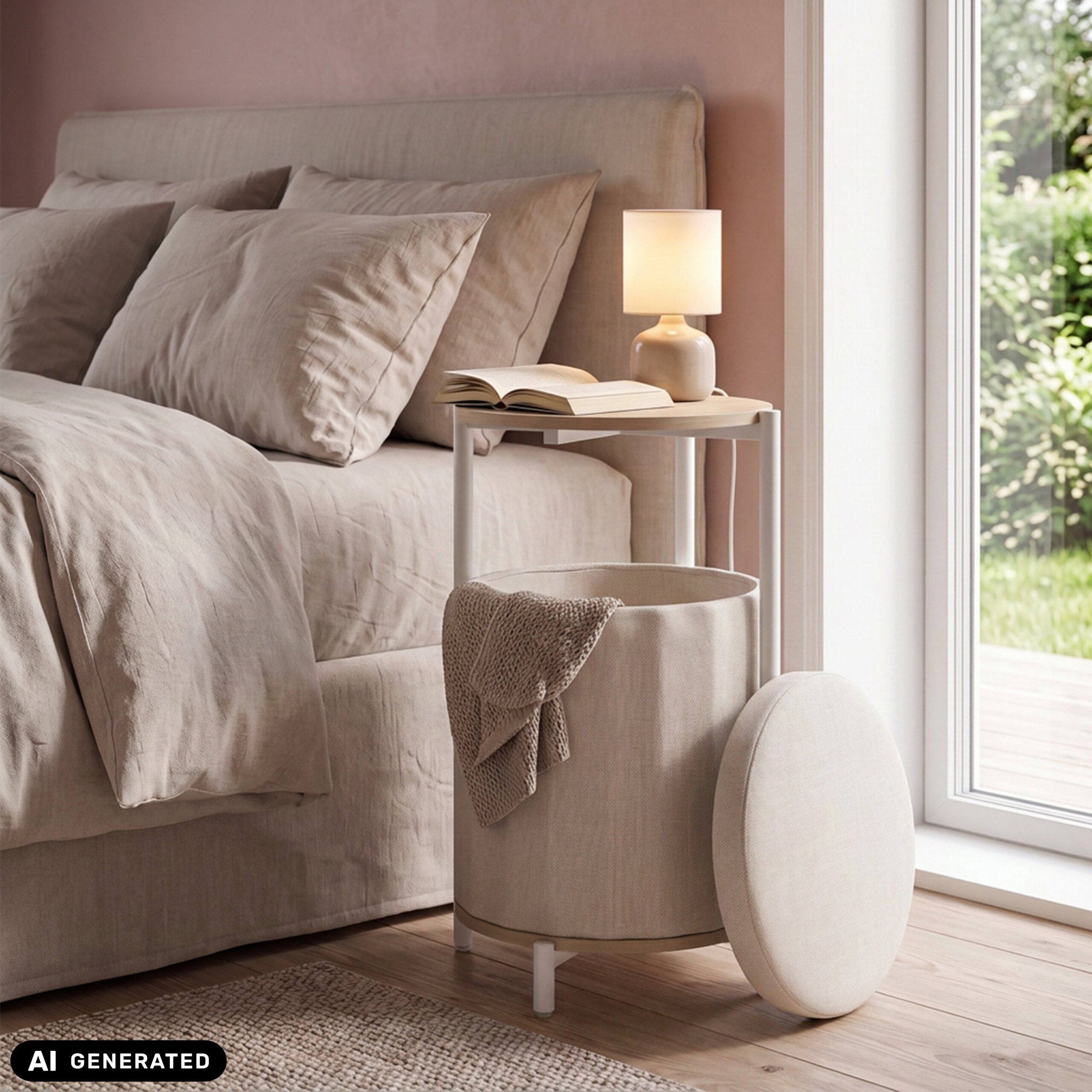 Ein beiges Schlafzimmer mit Bett, Nachttisch mit Lampe und offenem Buch sowie einem passenden Wäschekorb.